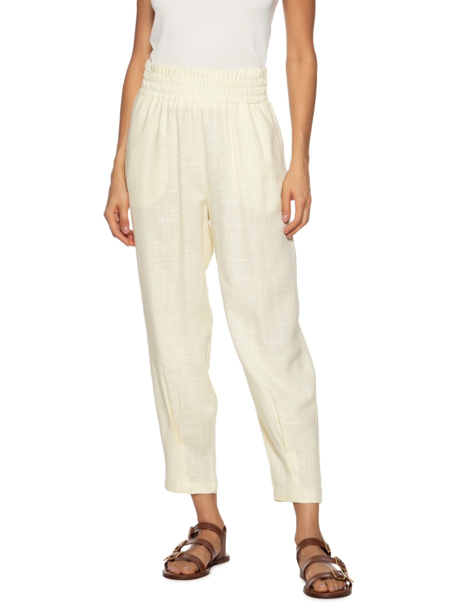 Calça Feminina Slouchy Cintura Alta Em Viscolinho Amarelo Hering