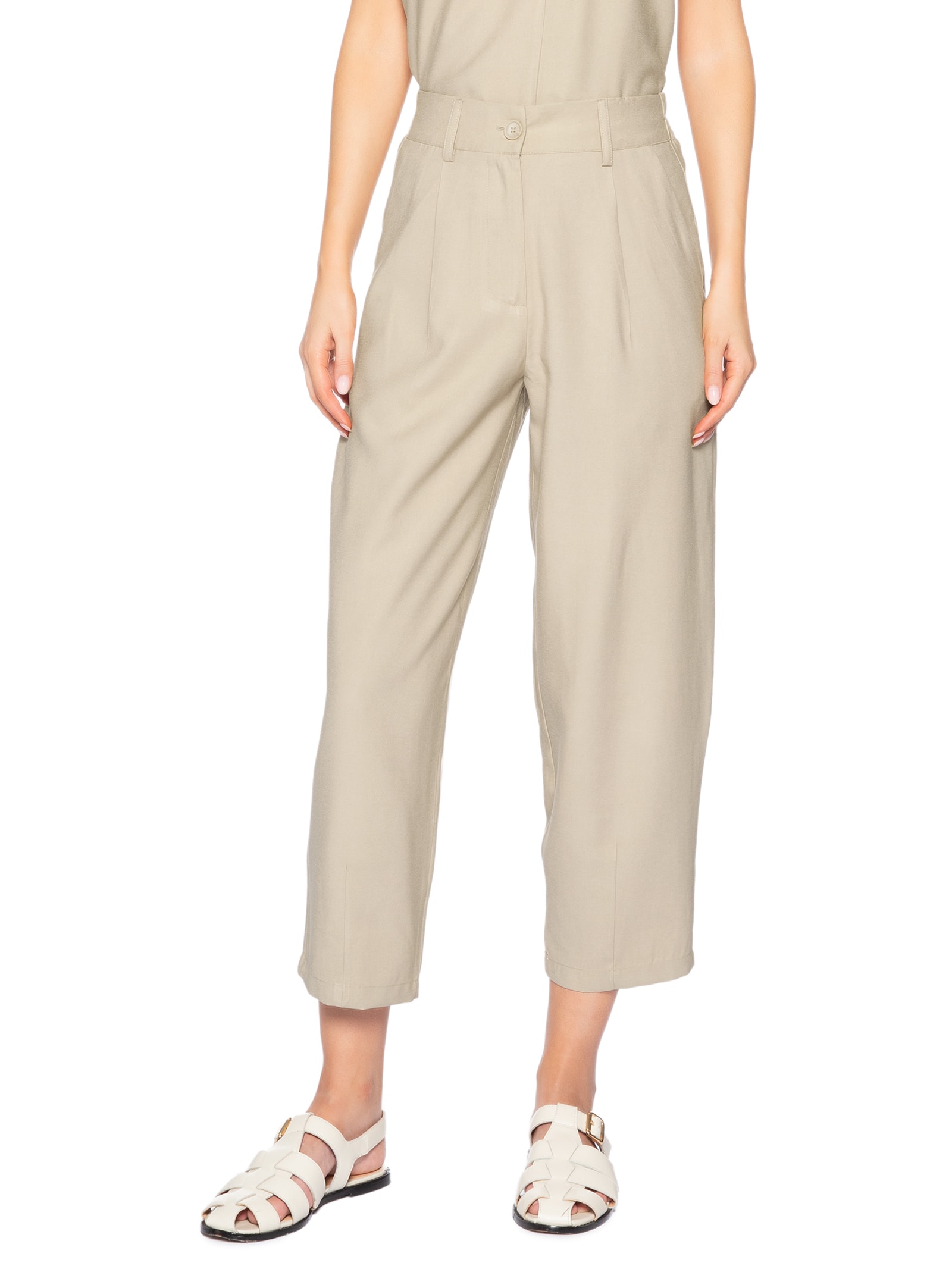 Calça Feminina Slouchy Com Pregas Bege Basiq