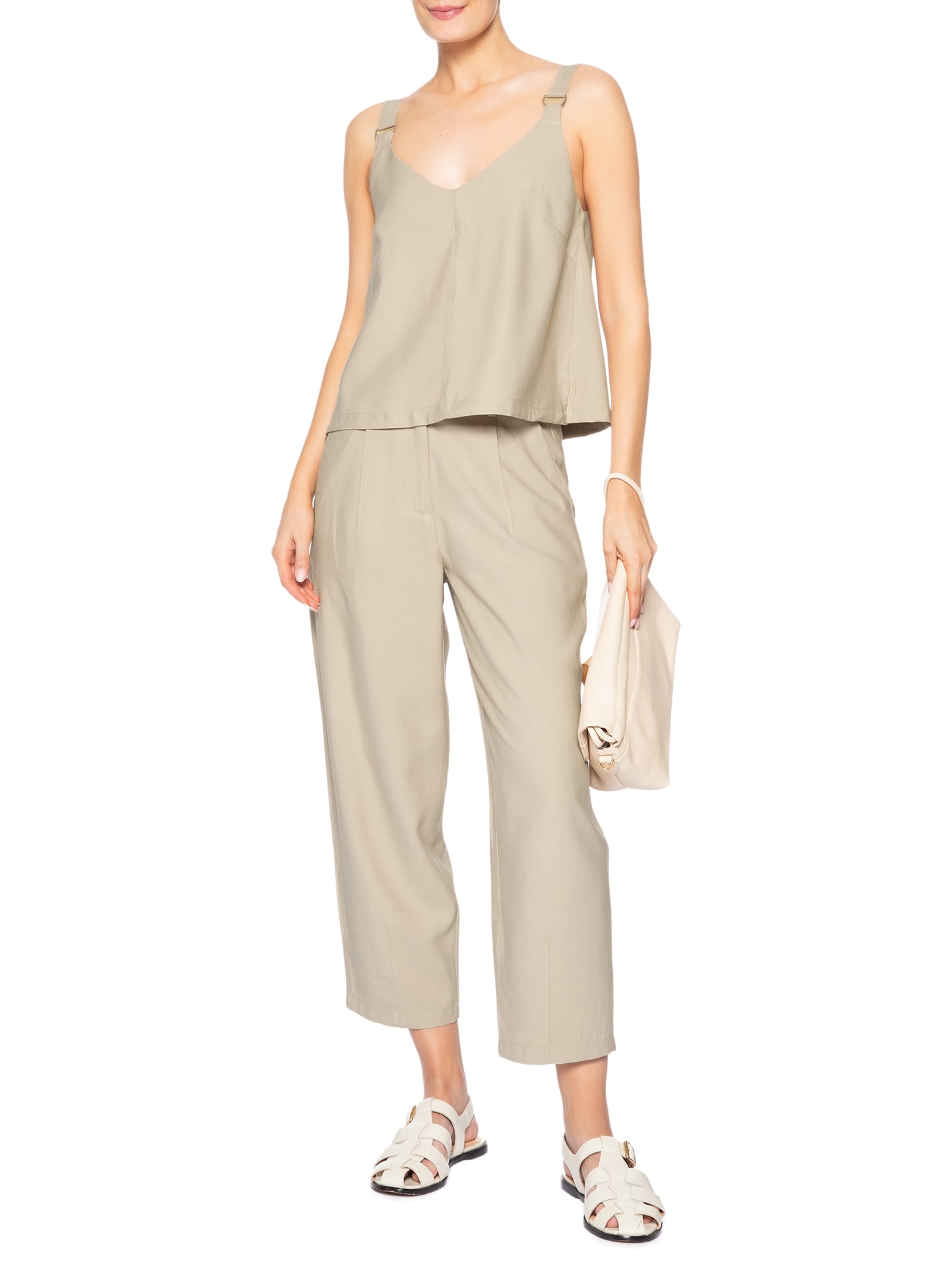 Calça Feminina Slouchy Com Pregas Bege Basiq