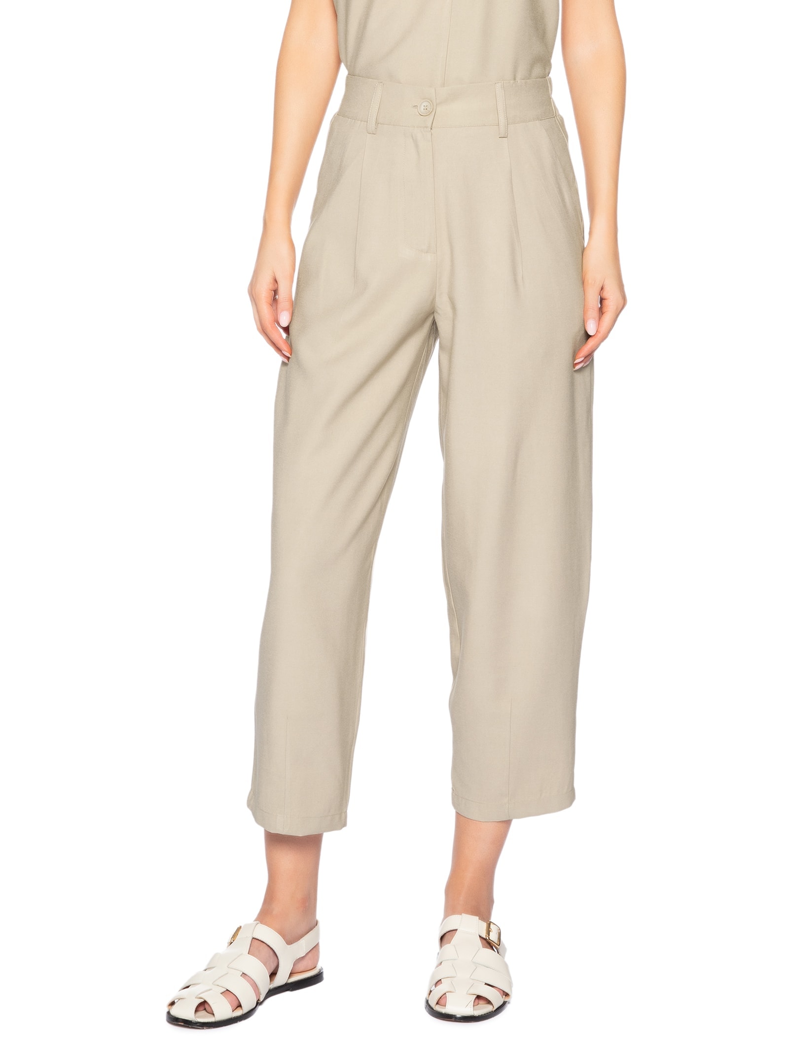Calça Feminina Slouchy Com Pregas Bege Basiq
