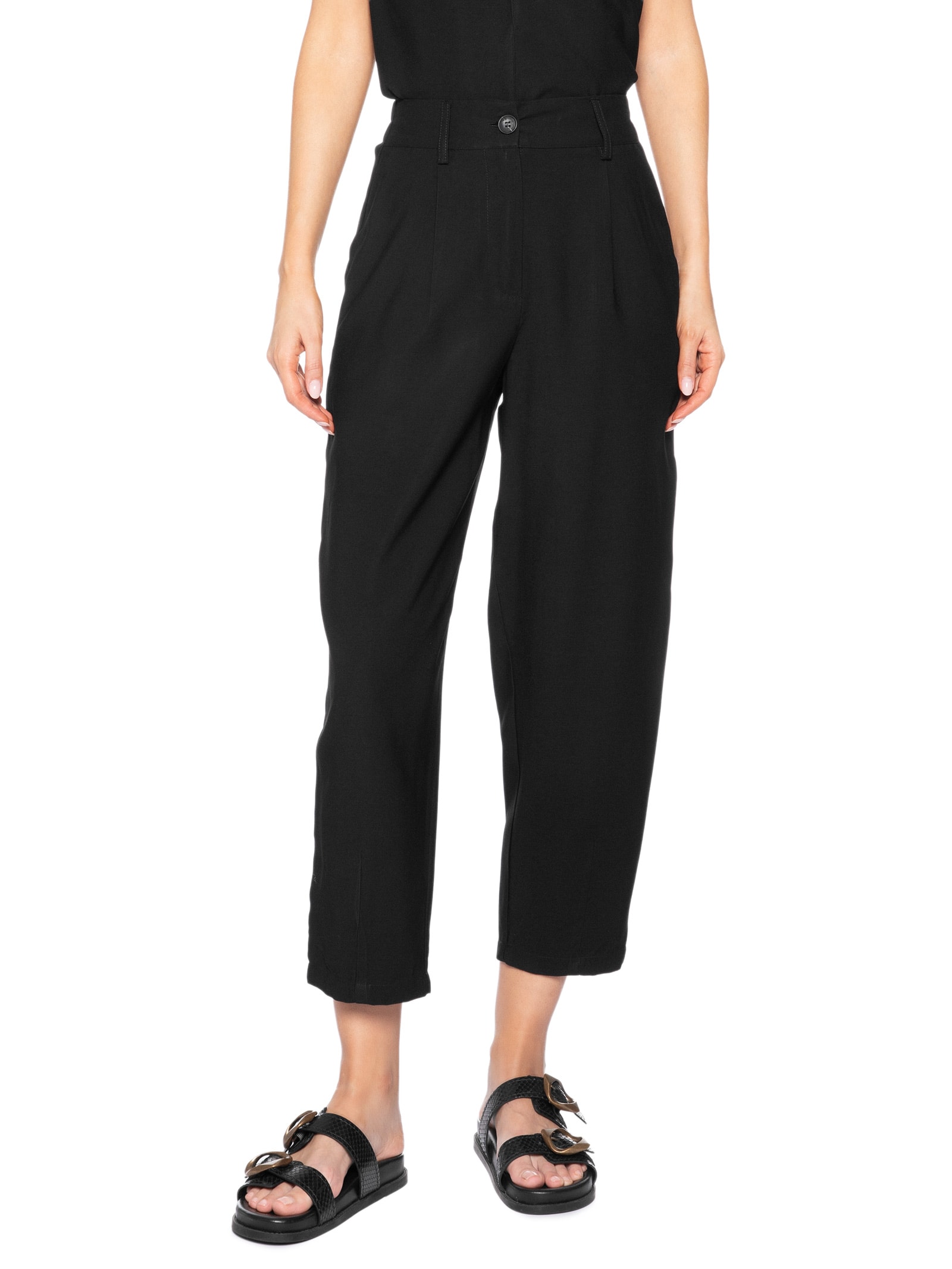 Calça Feminina Slouchy Com Pregas Preto Basiq