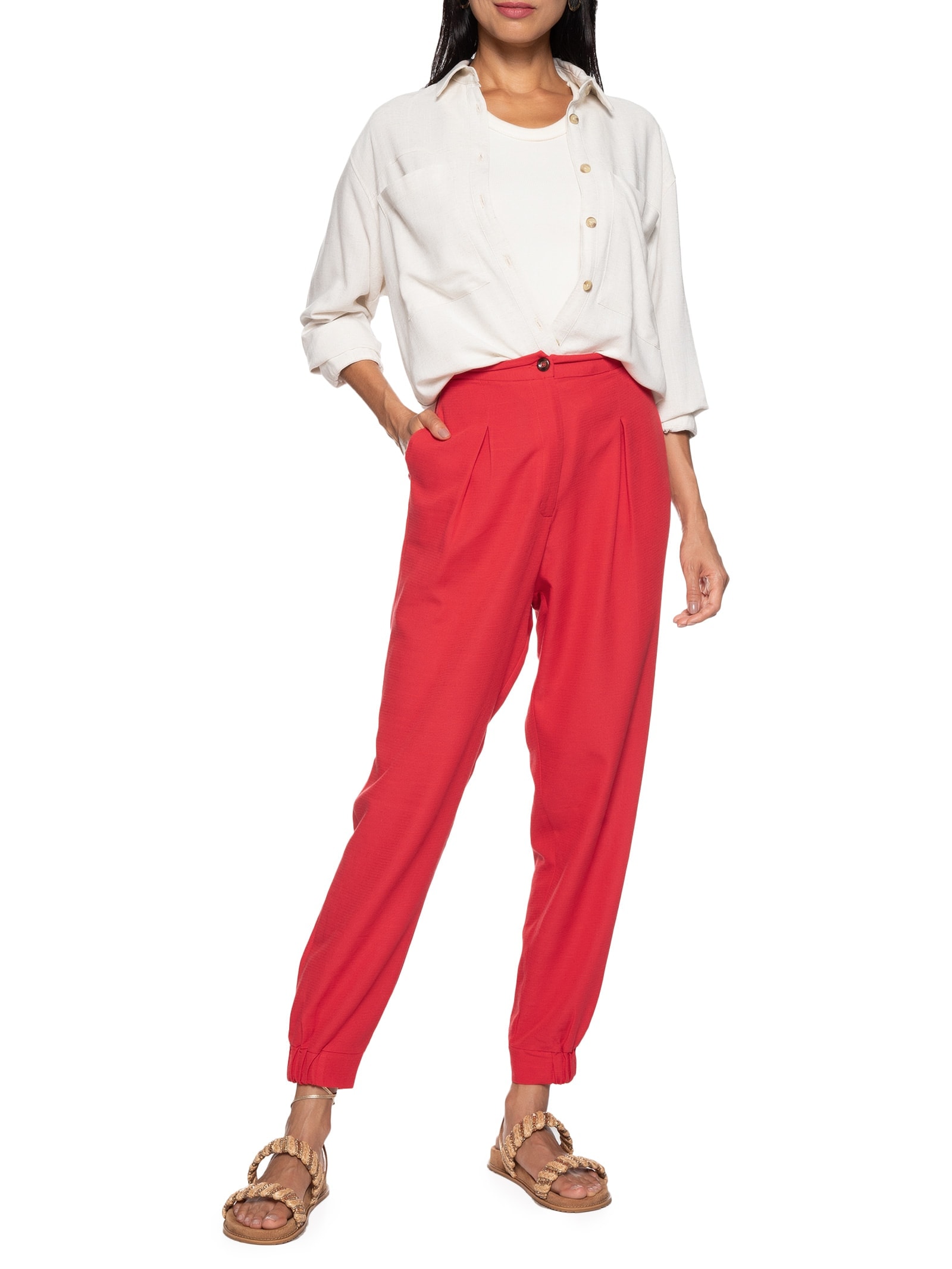 Calça Feminina Tec Det Punho Elástico Vermelho Cacay