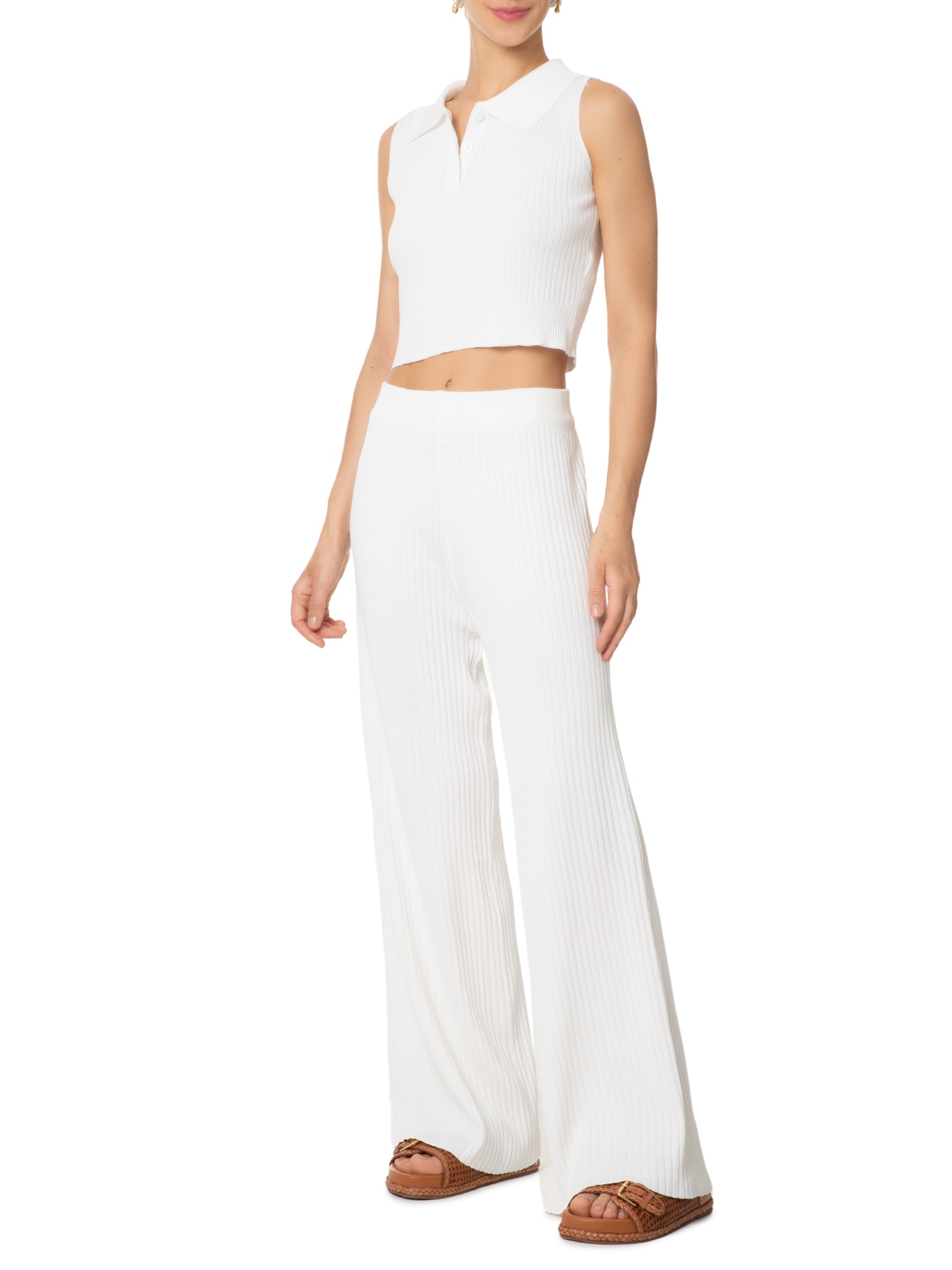 Calça Feminina Tricot Canelada Off White Basiq