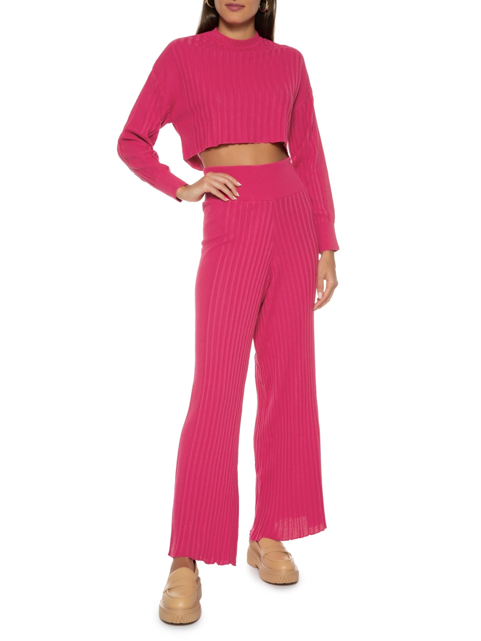 Calça Feminina Tricot Com Plissados Rosa Market 33