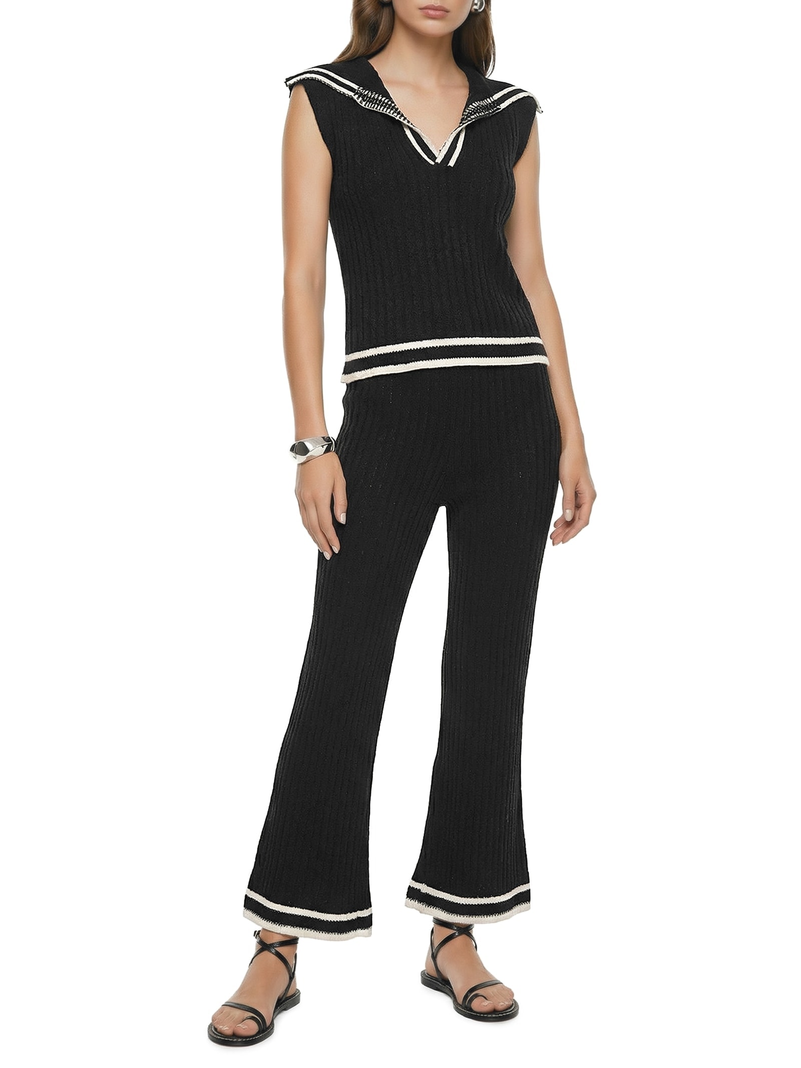 Calça Feminina Tricot Listras Barra Preto Cacay