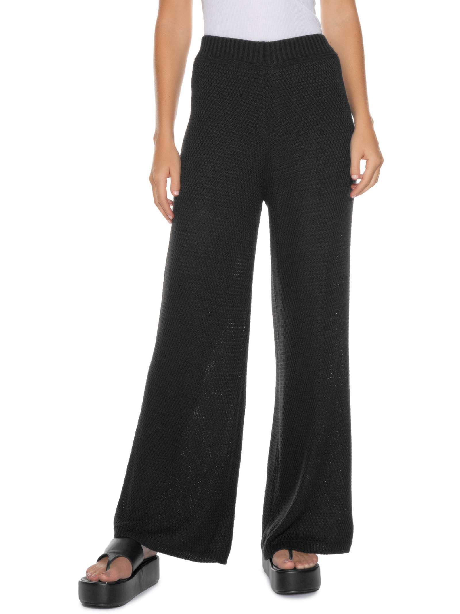 Calça Feminina Tricot Wide Leg Cintura Alta Preto My Favorite Things