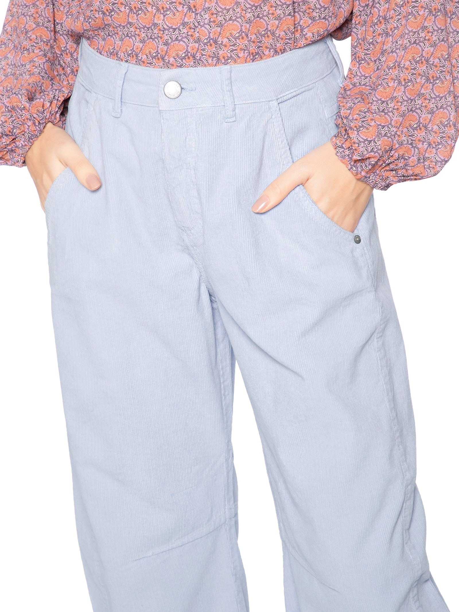 Calça Feminina Veludo Cotelê Barrel Pregas Azul Maria Filó