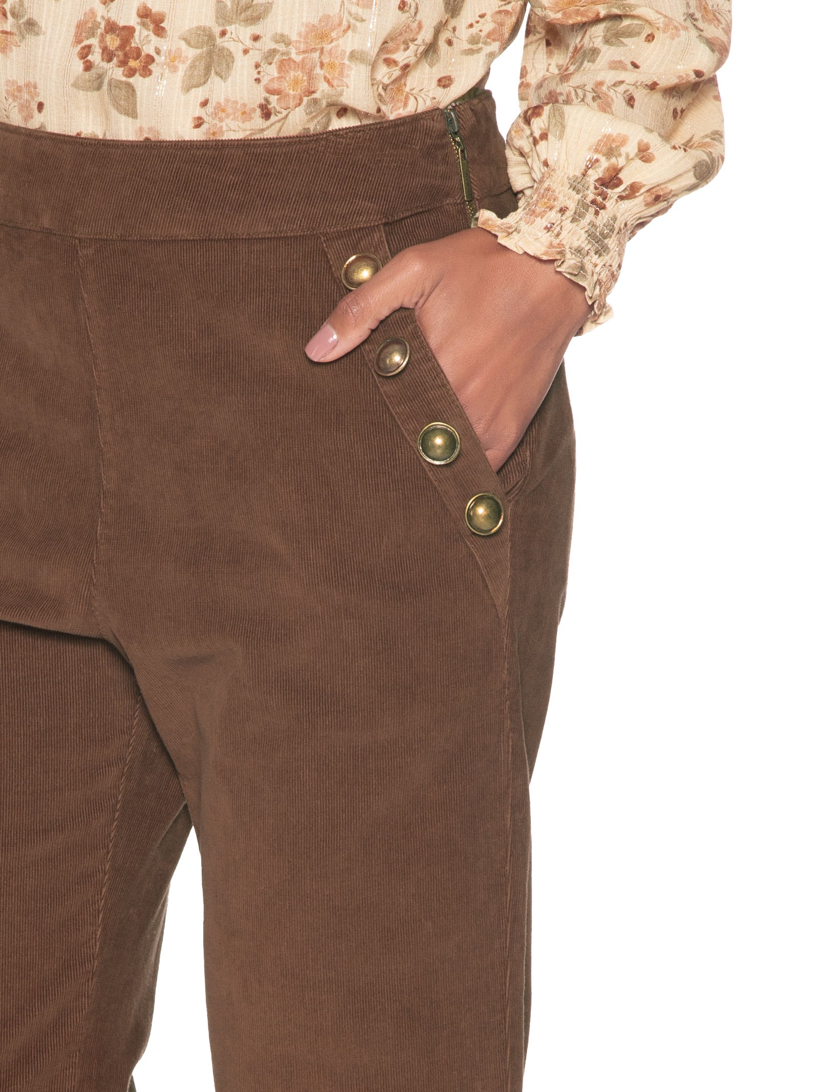 Calça Feminina Veludo Cotelê Reta Botões Marrom Maria Filó