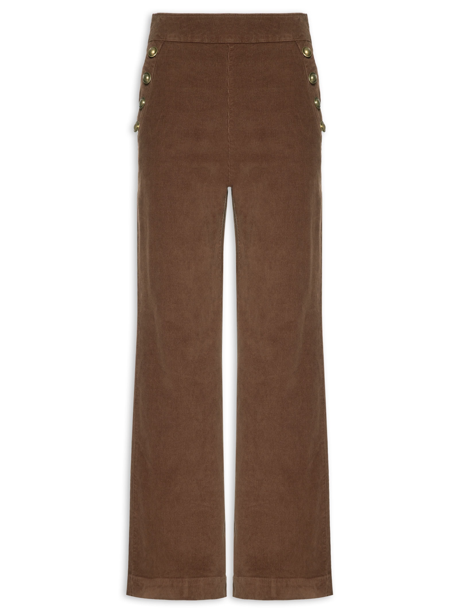 Calça Feminina Veludo Cotelê Reta Botões Marrom Maria Filó