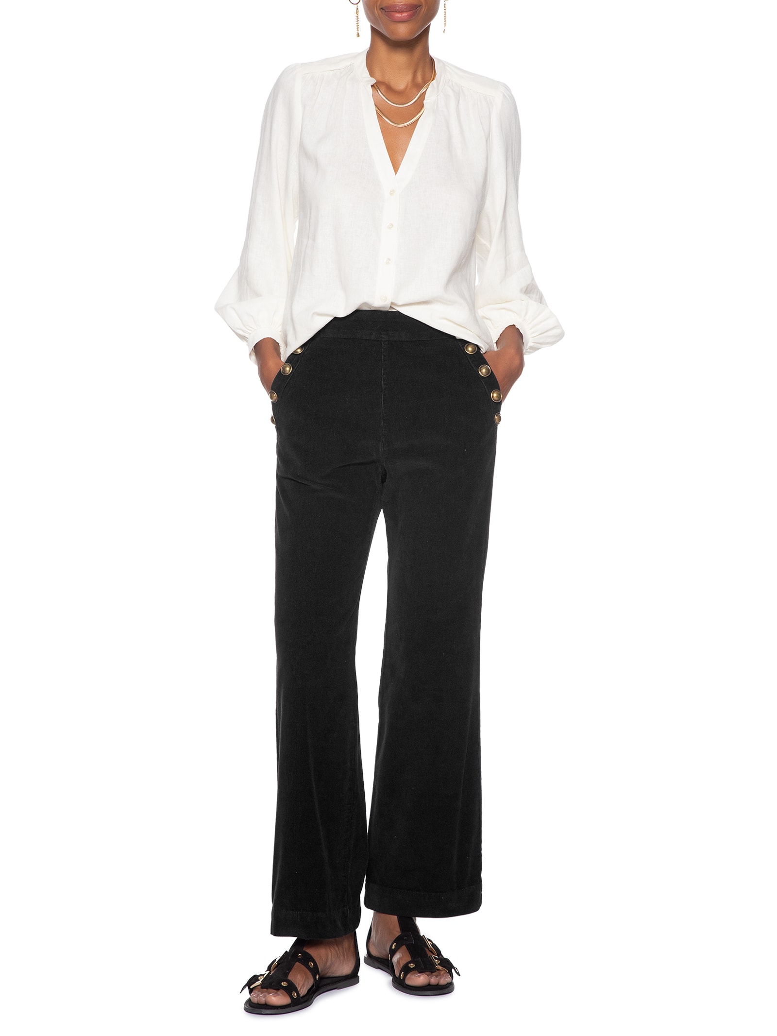 Calça Feminina Veludo Cotelê Reta Botões Preto Maria Filó