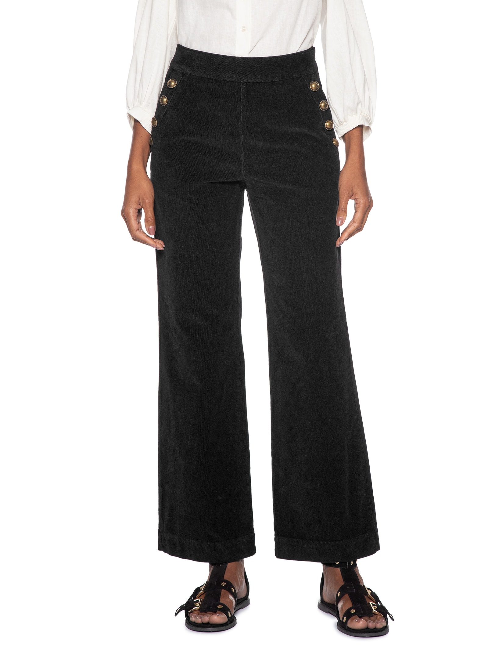 Calça Feminina Veludo Cotelê Reta Botões Preto Maria Filó