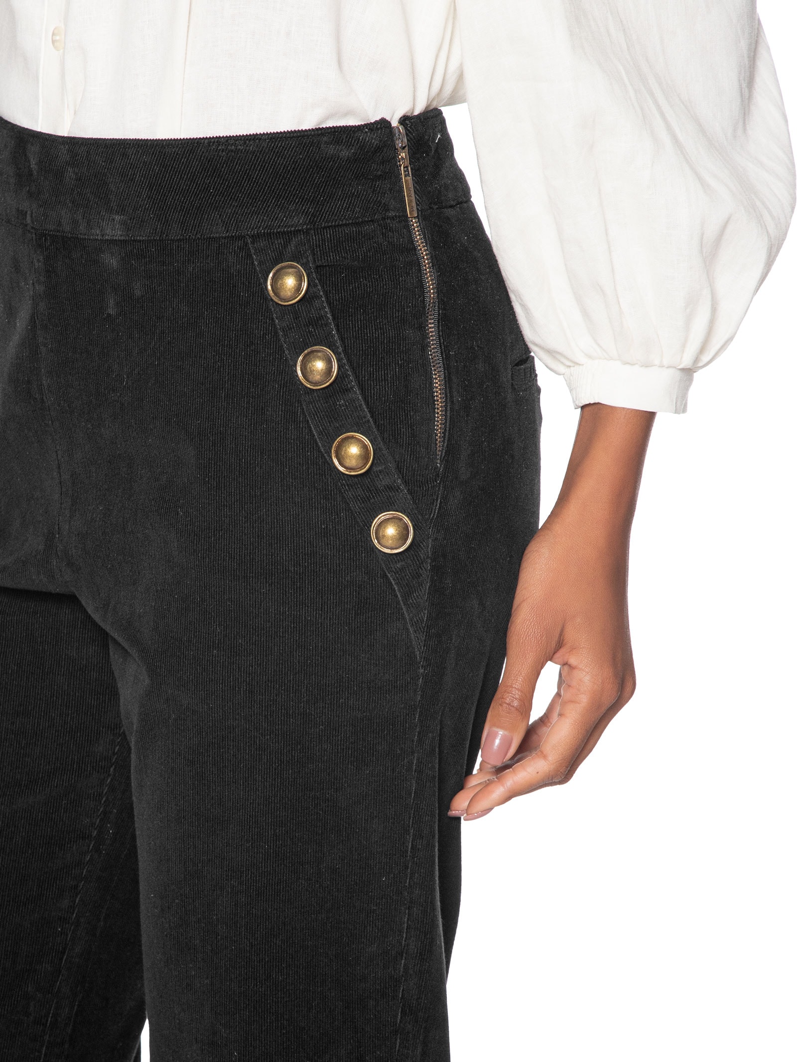 Calça Feminina Veludo Cotelê Reta Botões Preto Maria Filó