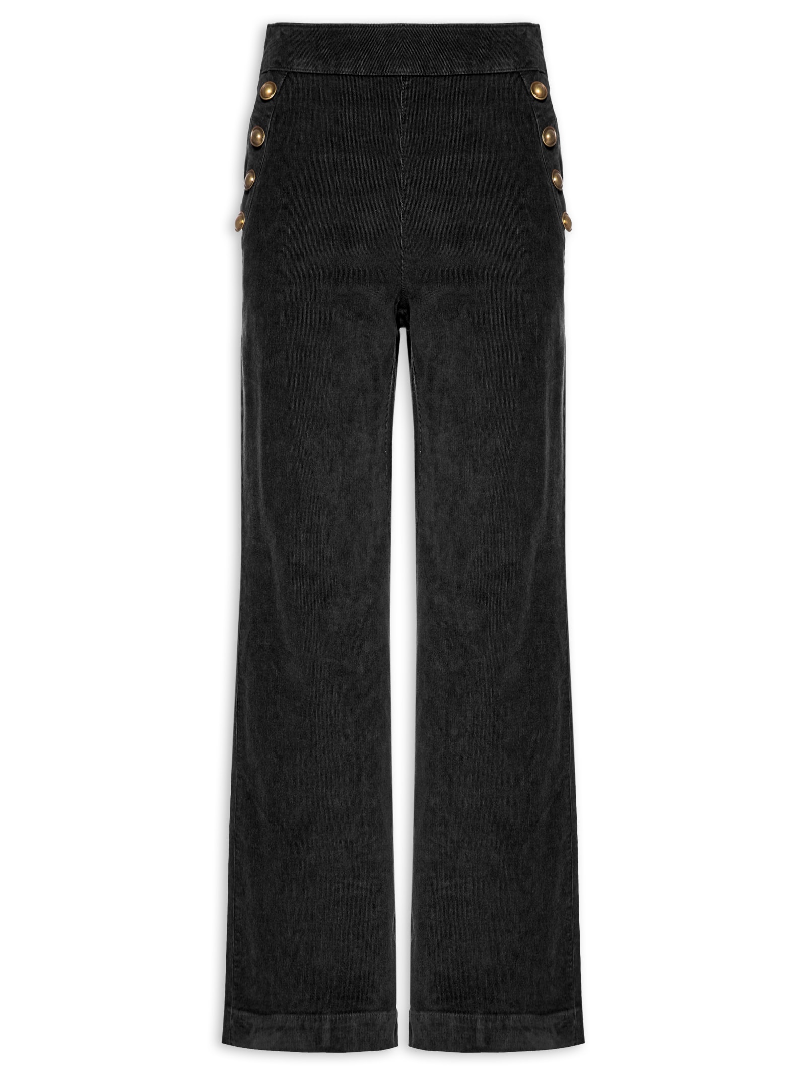 Calça Feminina Veludo Cotelê Reta Botões Preto Maria Filó