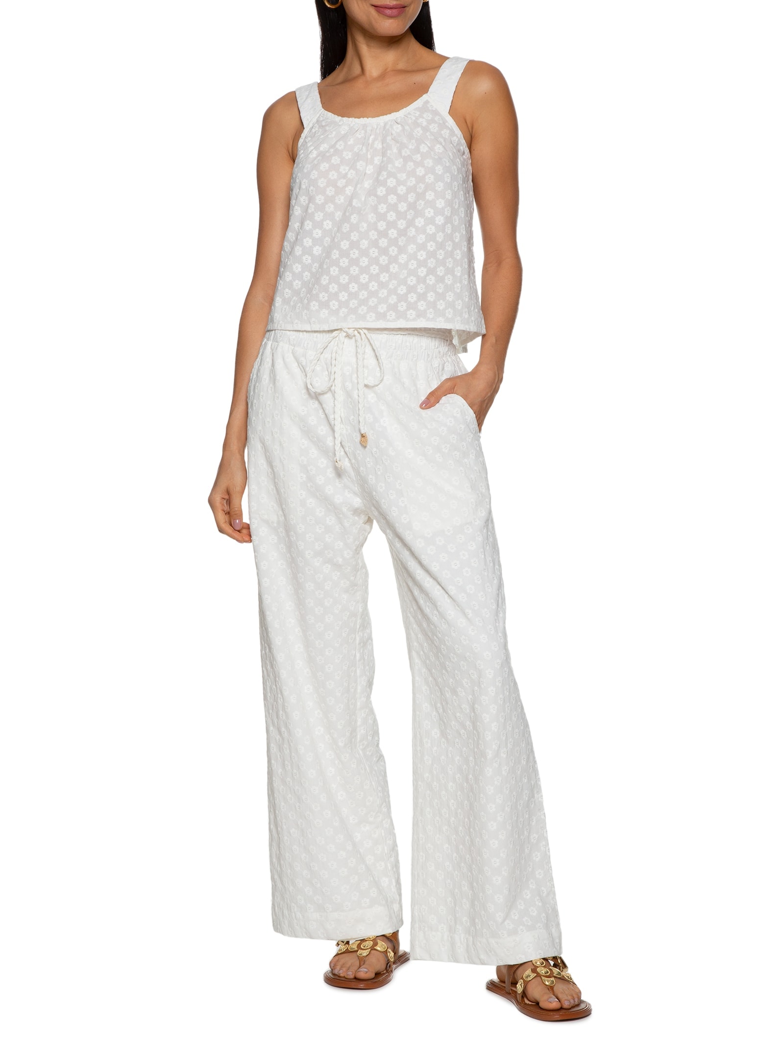 Calça Feminina Voil Bordado Mini Flowers Off White Cantão