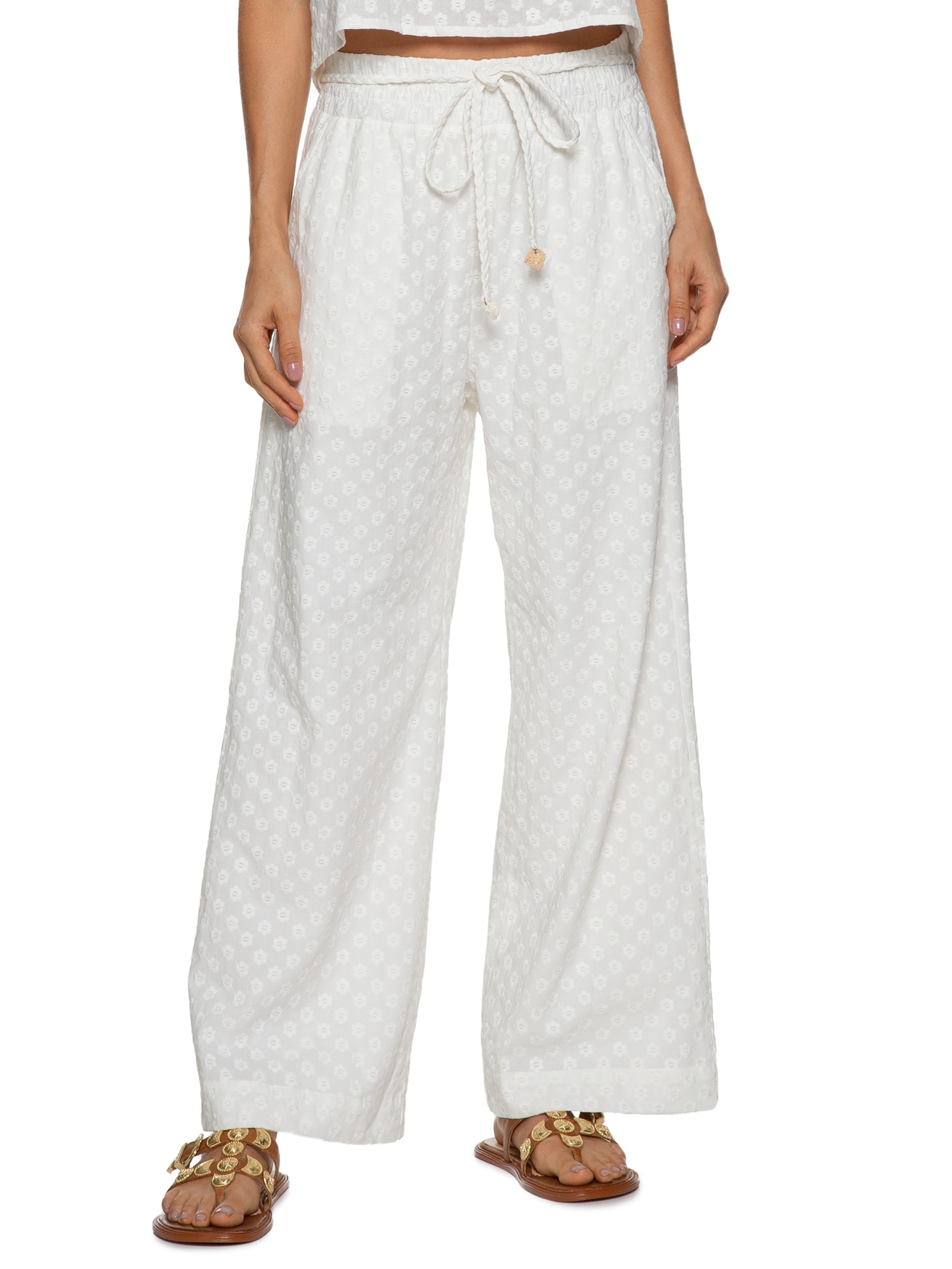 Calça Feminina Voil Bordado Mini Flowers Off White Cantão