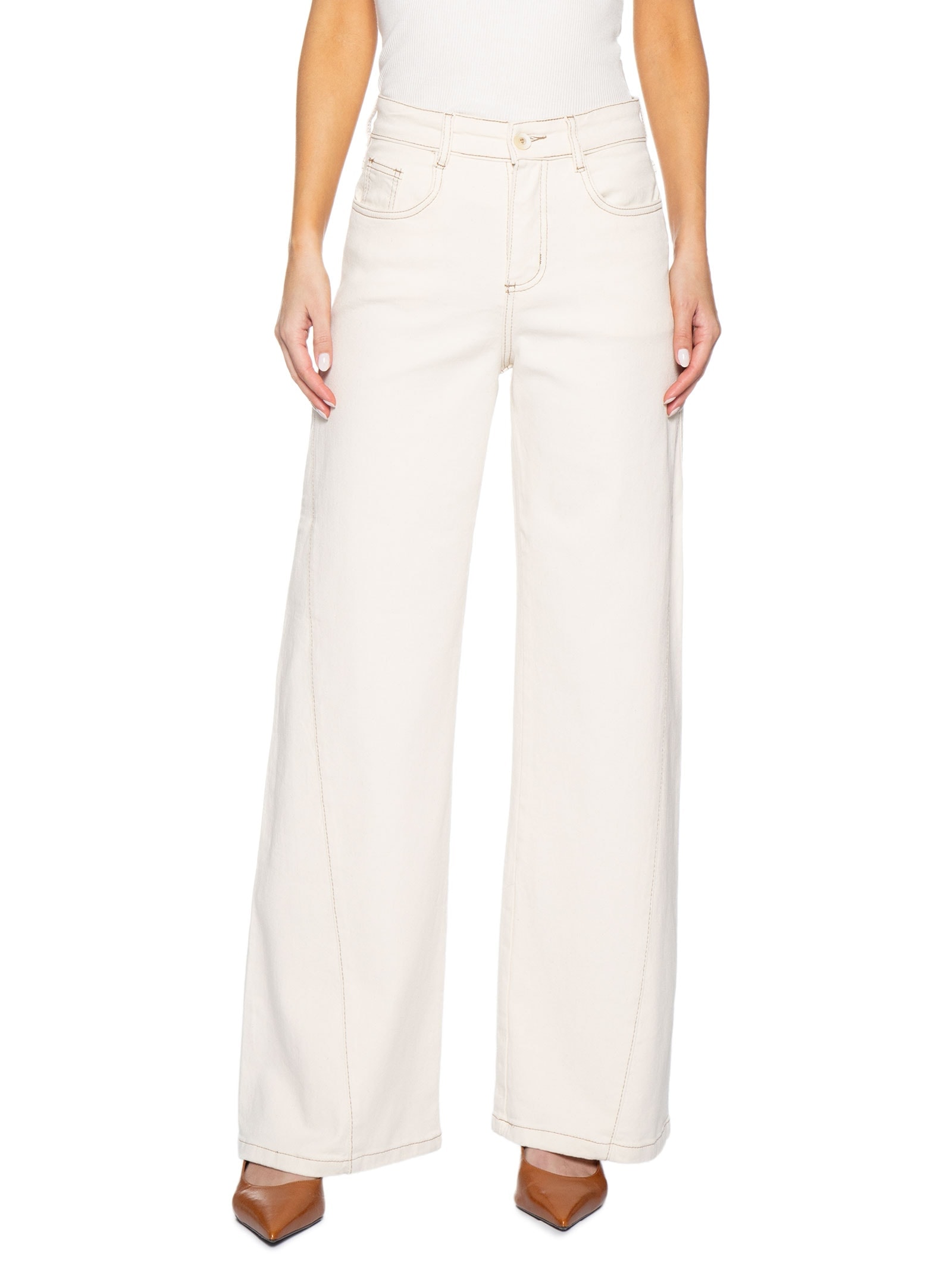Calça Feminina Wide Leg em Sarja Off White '2Essential