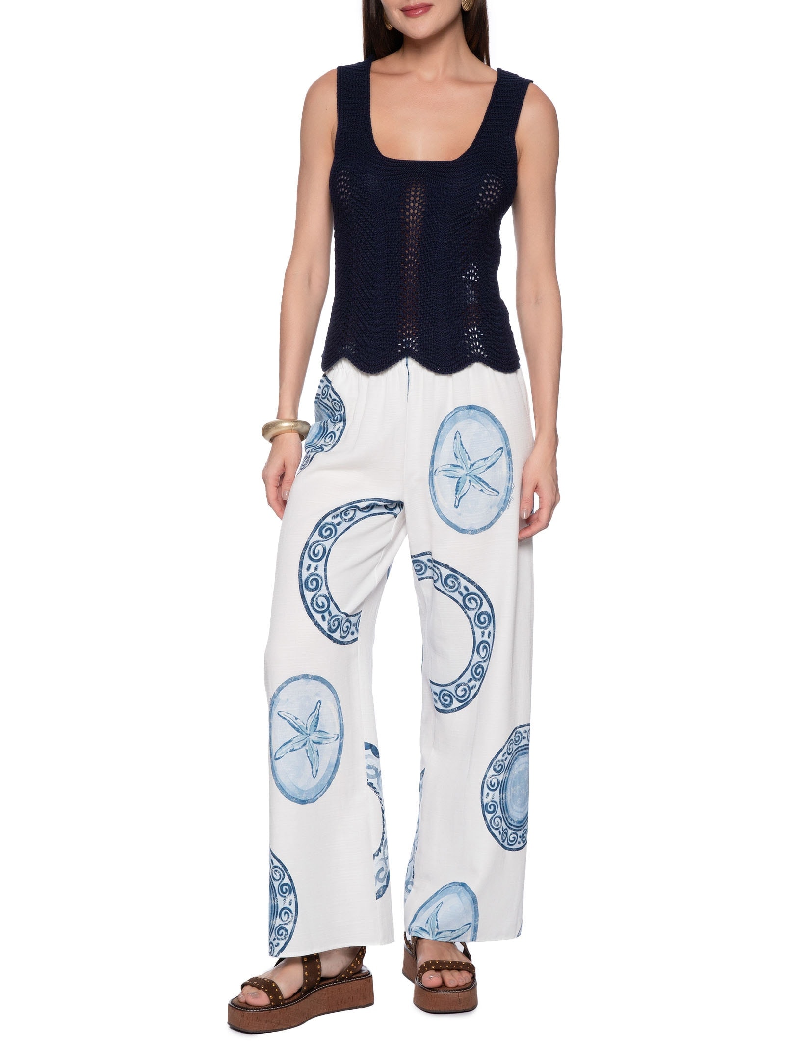 Calça Feminina Wide Leg Estampada Branco Lança Perfume