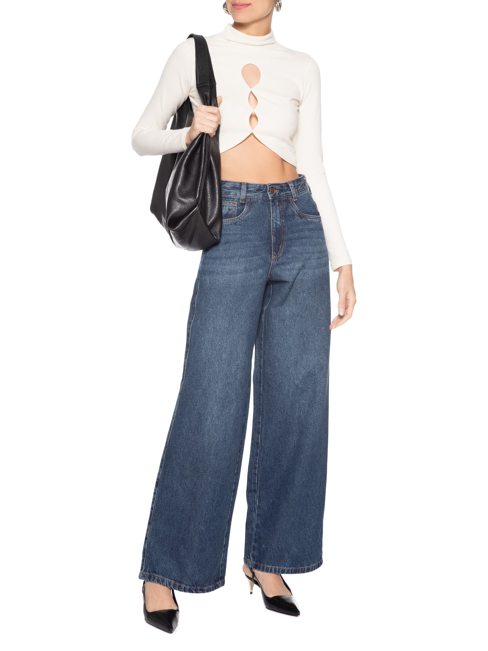 Calça Feminina Wide Leg Jeans Azul Market 33