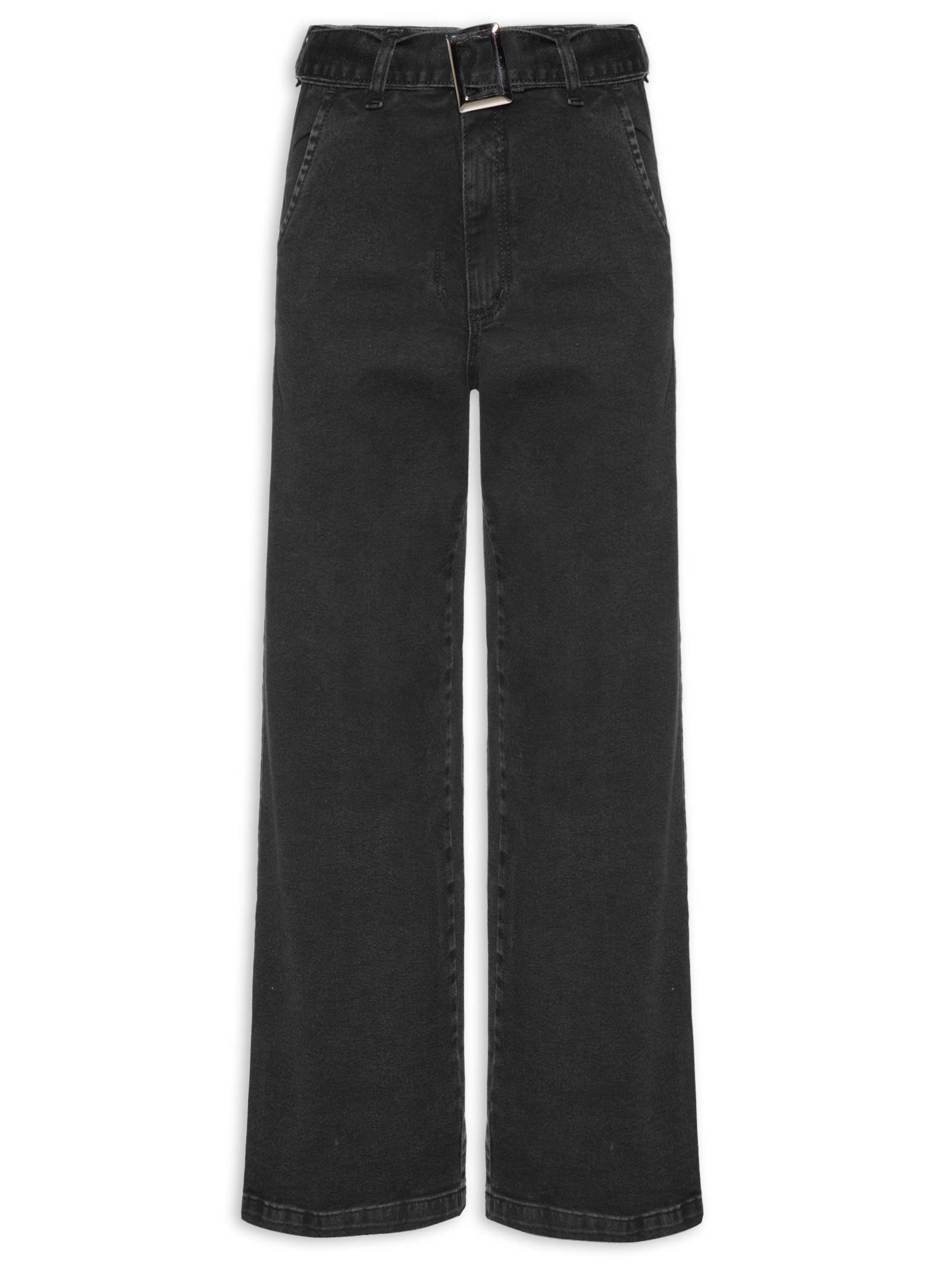 Calça Feminina Wide Leg Jeans Com Cinto Removível Preto Market 33