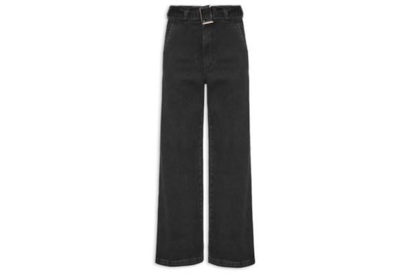 Calça Feminina Wide Leg Jeans Com Cinto Removível - Preto