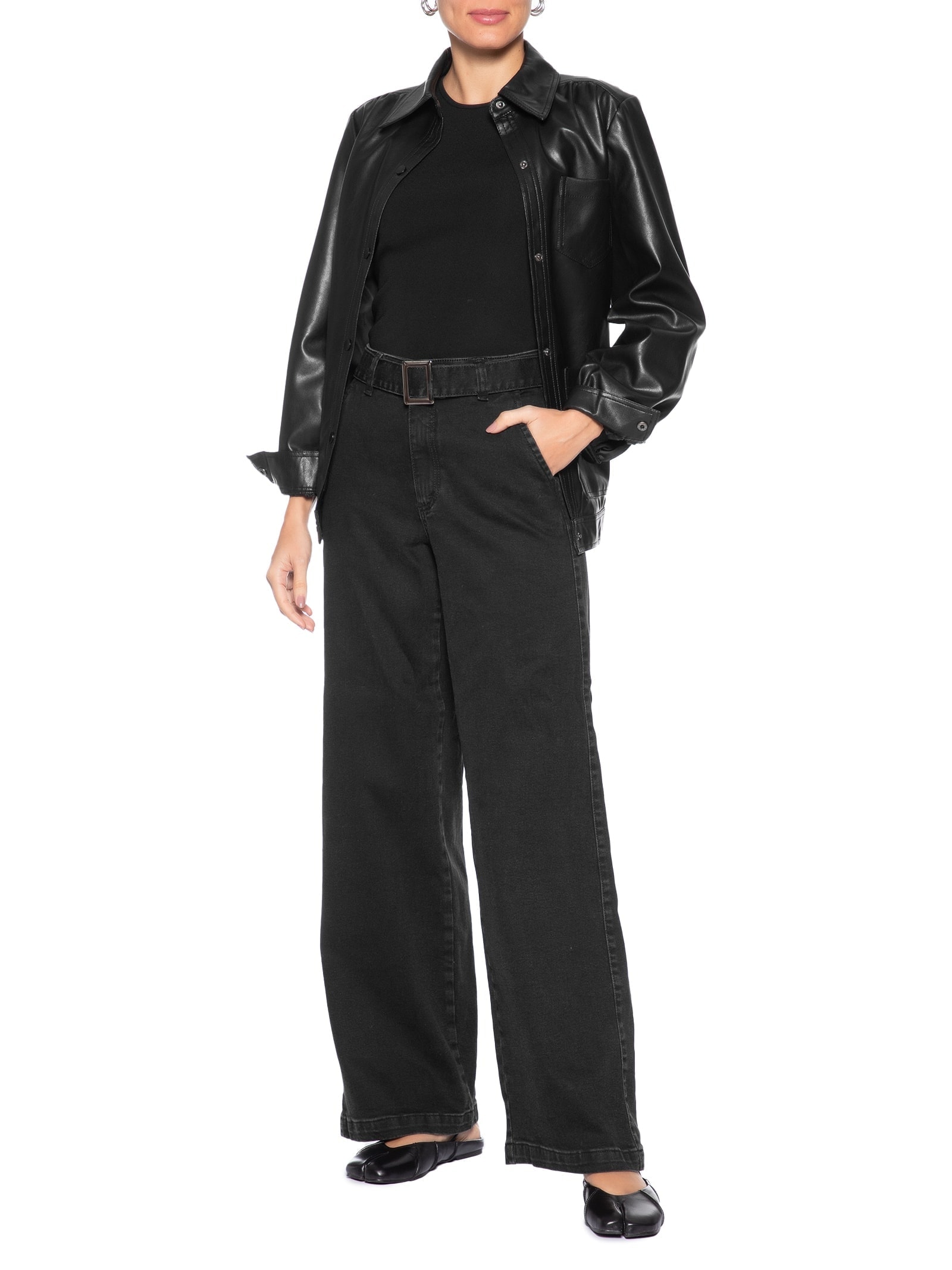 Calça Feminina Wide Leg Jeans Com Cinto Removível Preto Market 33