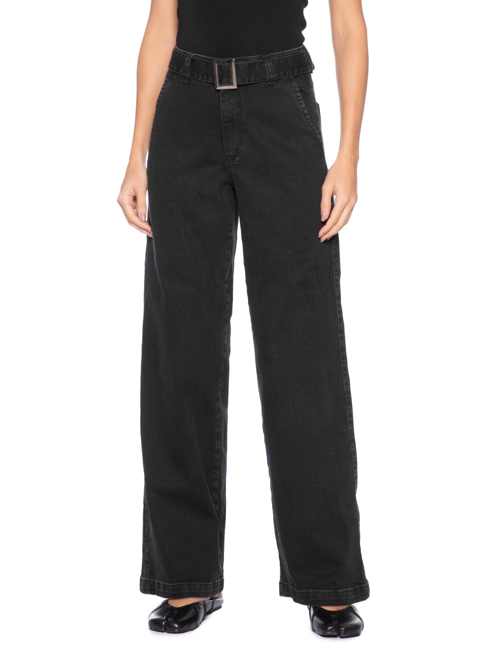 Calça Feminina Wide Leg Jeans Com Cinto Removível Preto Market 33