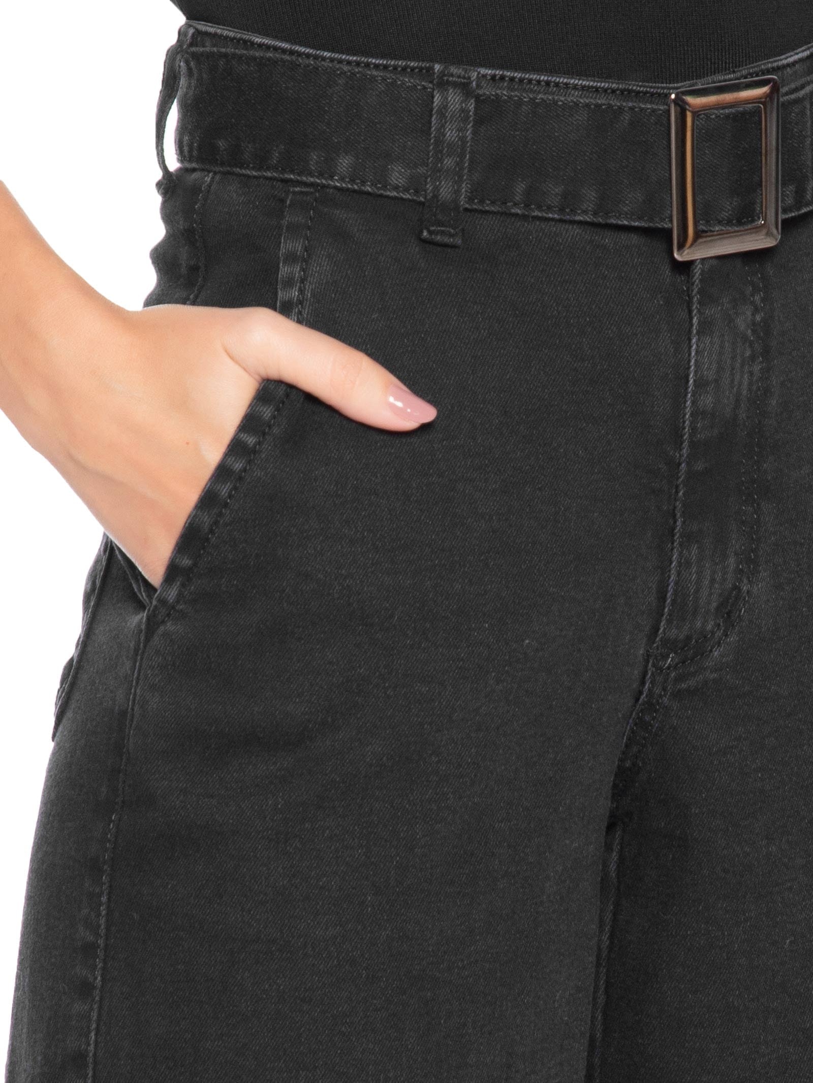 Calça Feminina Wide Leg Jeans Com Cinto Removível Preto Market 33