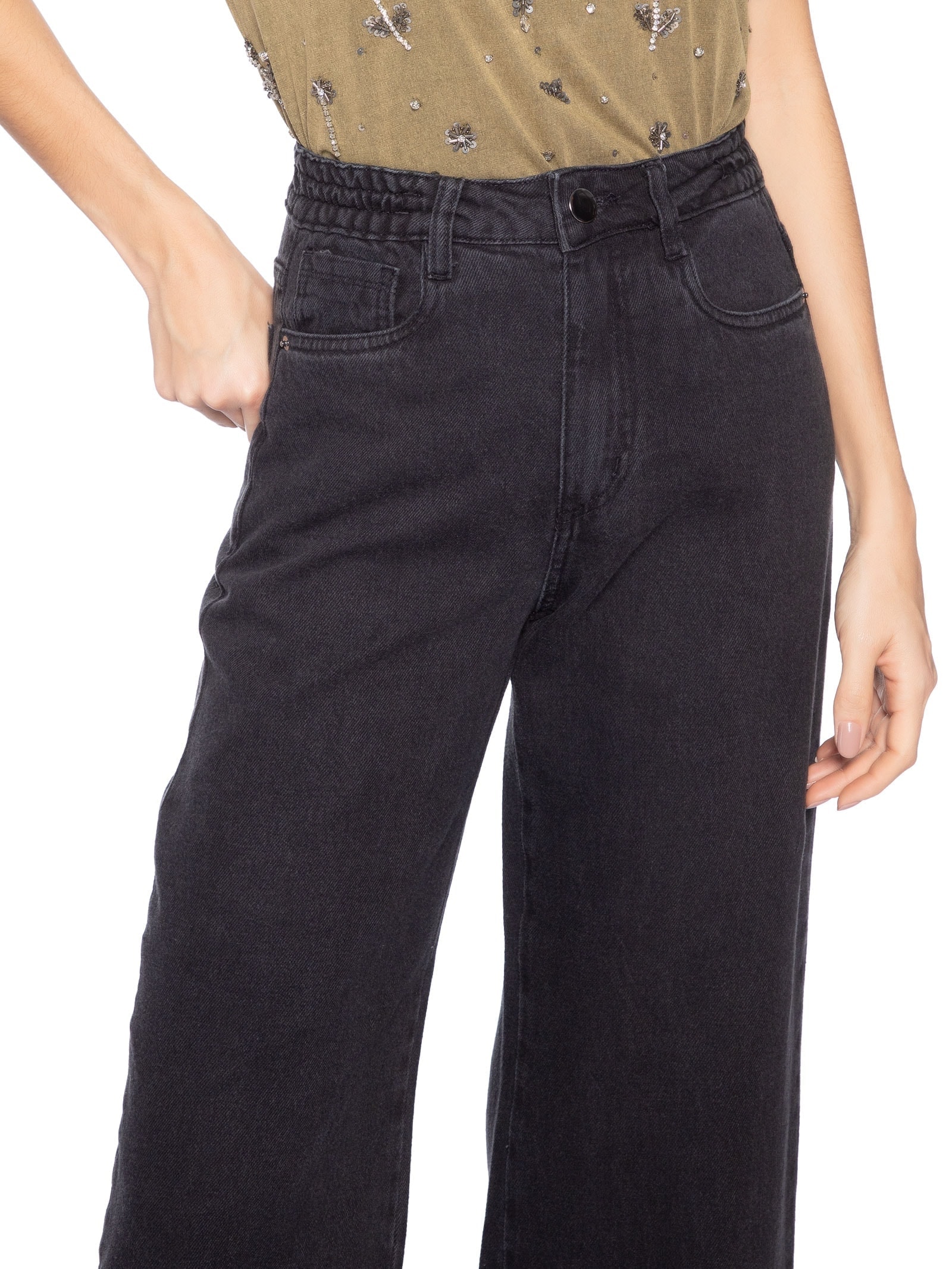 Calça Feminina Wide Leg Jeans Preto Market 33