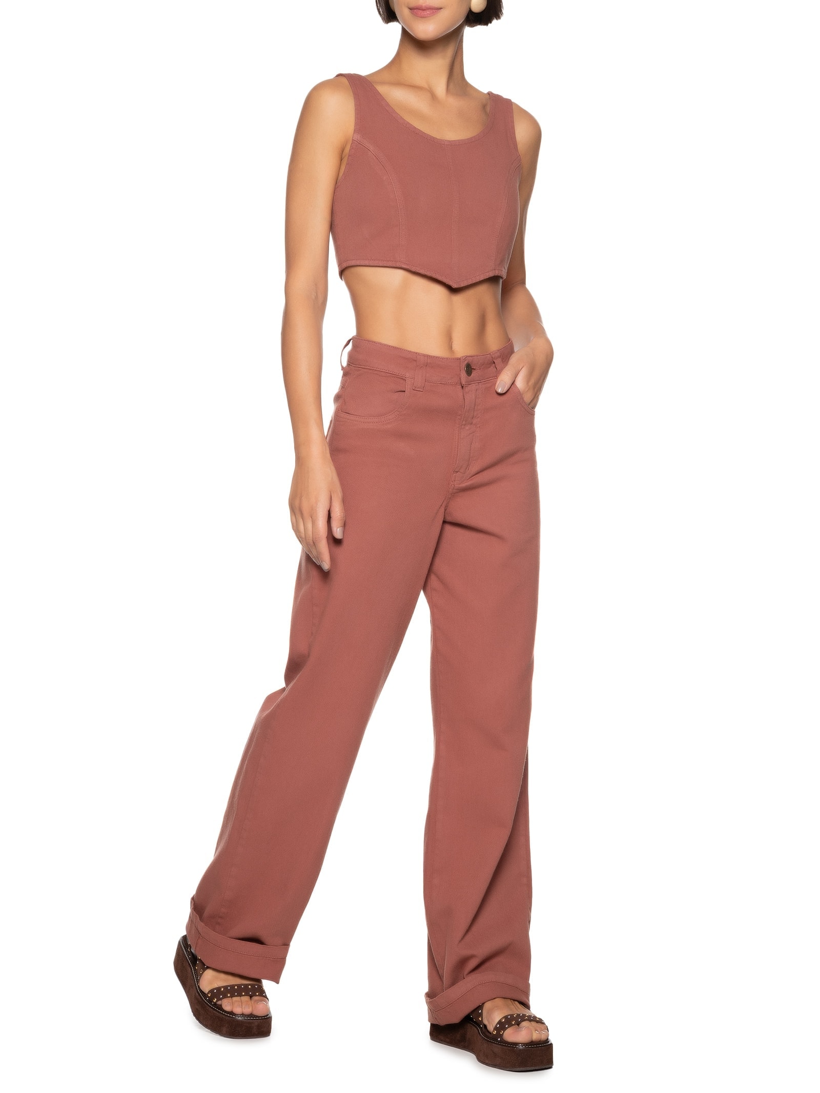 Calça Feminina Wide Leg Sarja Marrom Cacay