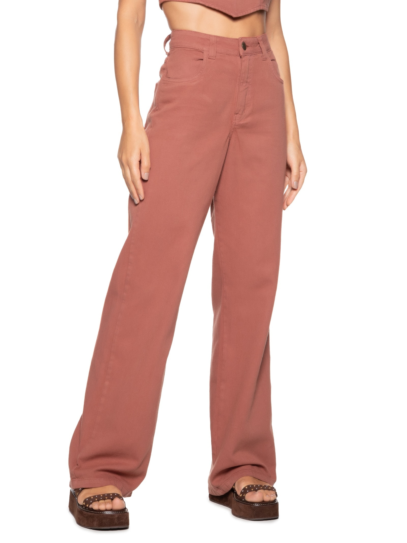 Calça Feminina Wide Leg Sarja Marrom Cacay