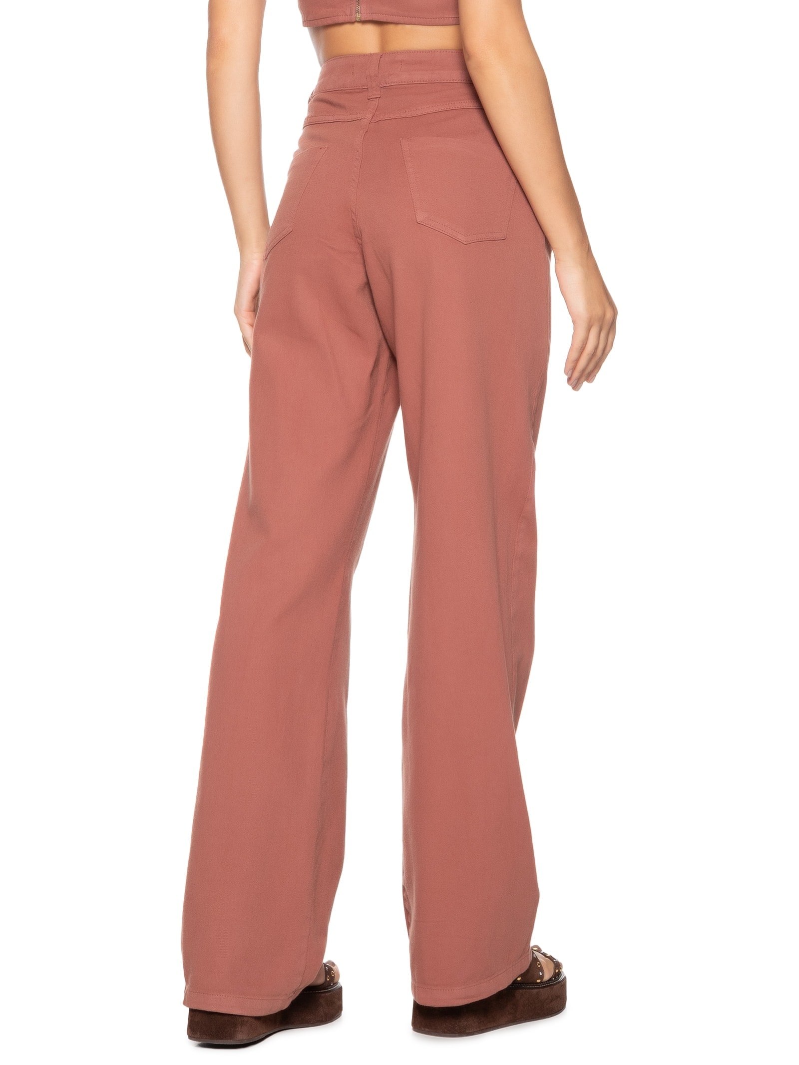 Calça Feminina Wide Leg Sarja Marrom Cacay