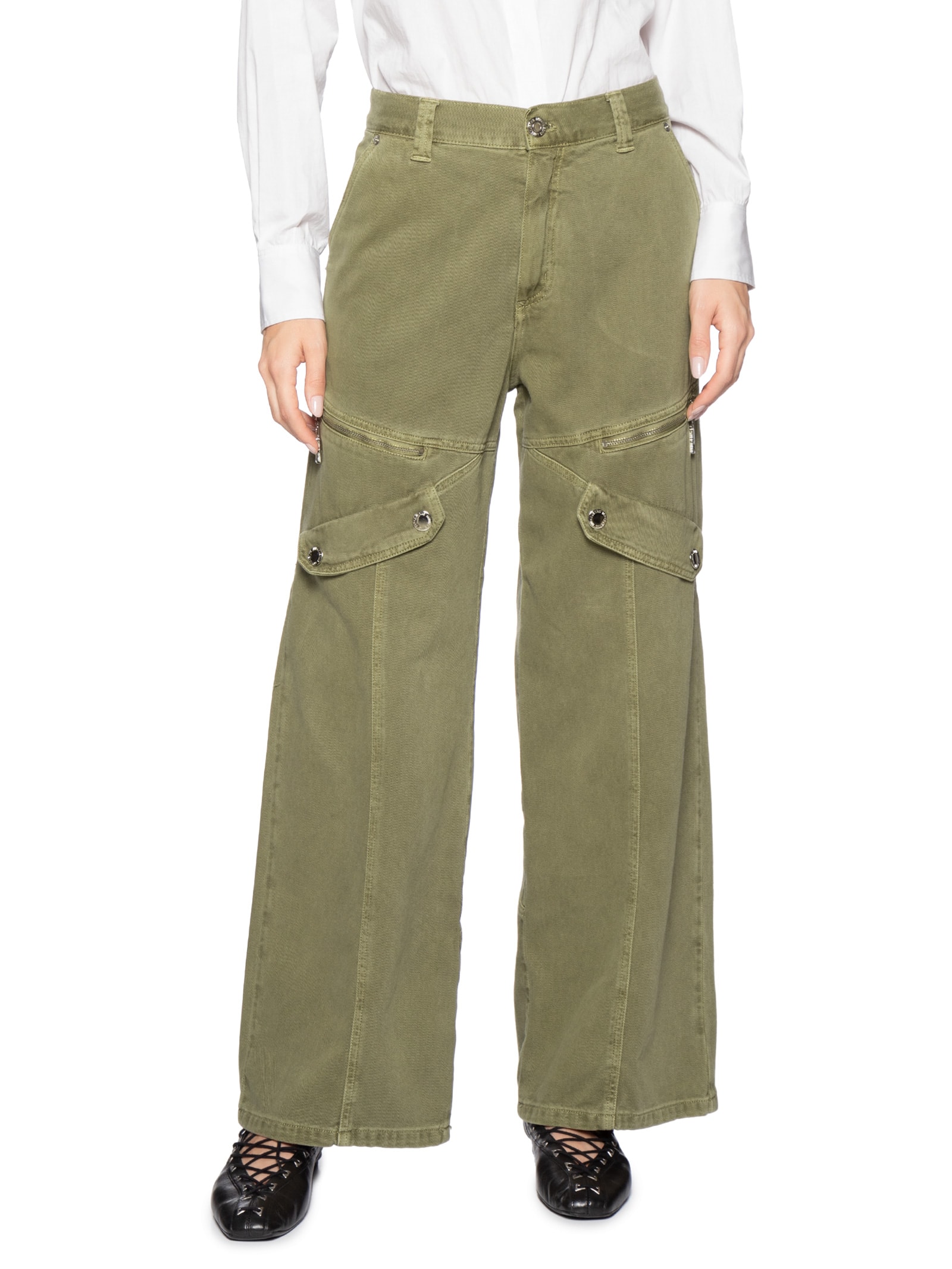 Calça Feminina Wide Leg Zíper E Lapela Verde Animale Jeans