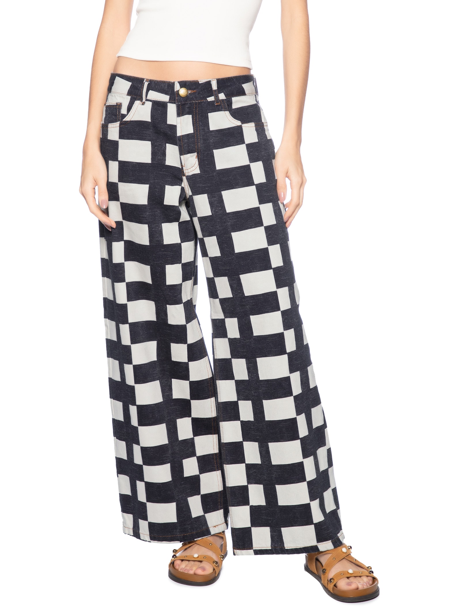 Calça Feminina Wide Sarja Sonho Gráfico Preto Farm