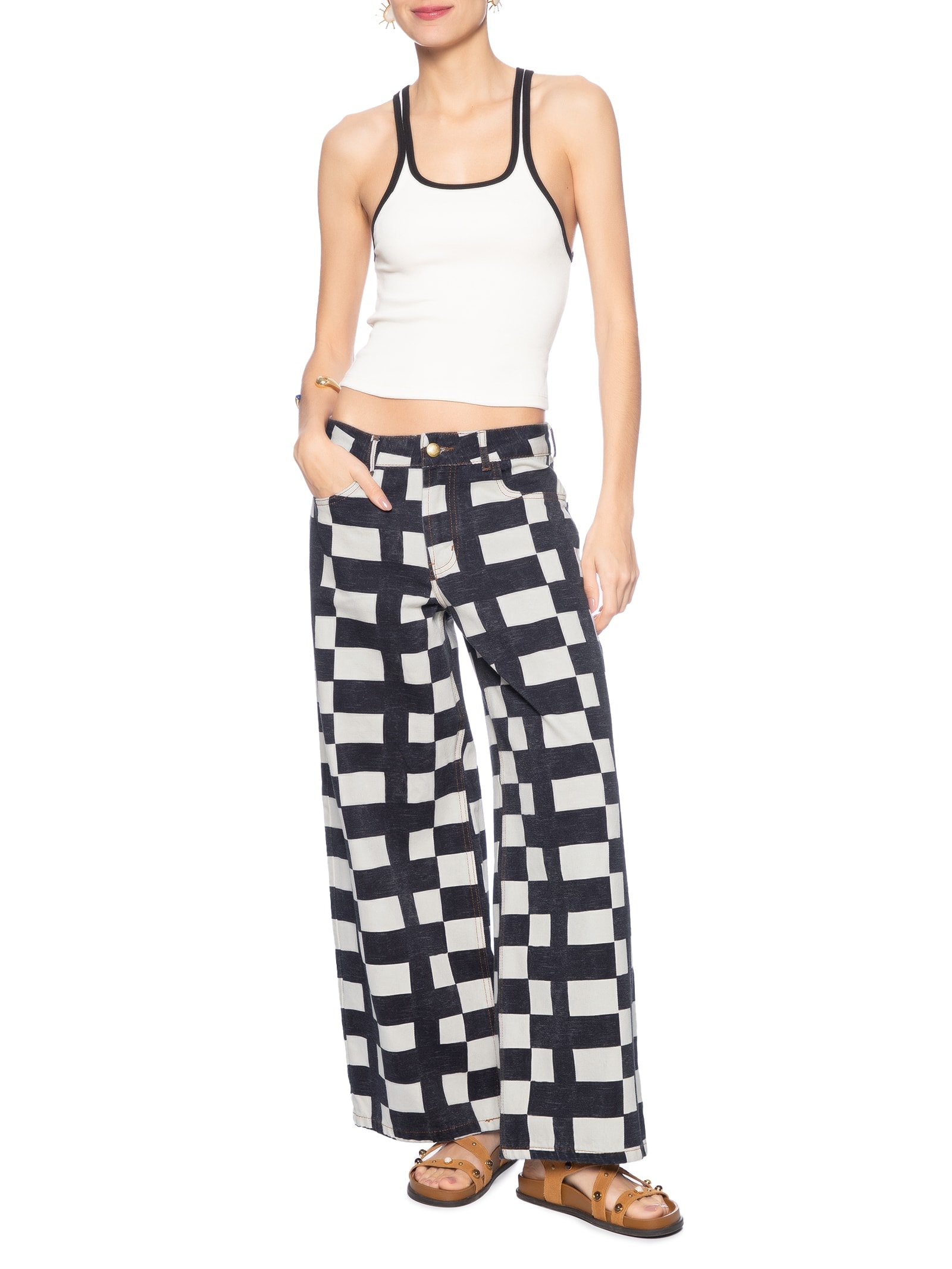 Calça Feminina Wide Sarja Sonho Gráfico Preto Farm