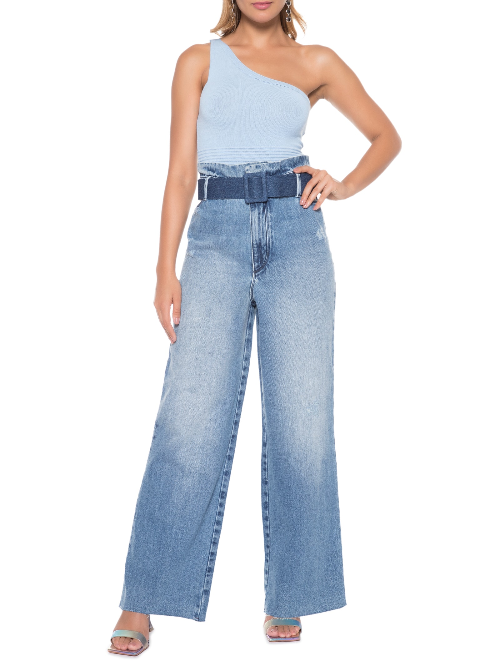 Calça Feminino Jeans Celine Com Cinto - Azul - Open