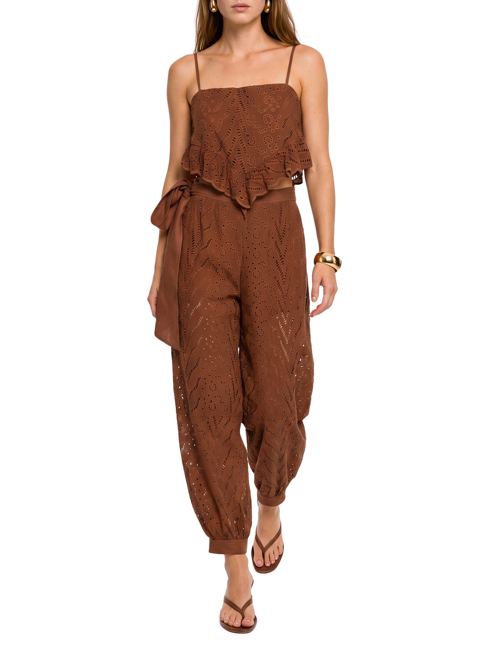 Calça Feminino Linho Bordado Marrom Open