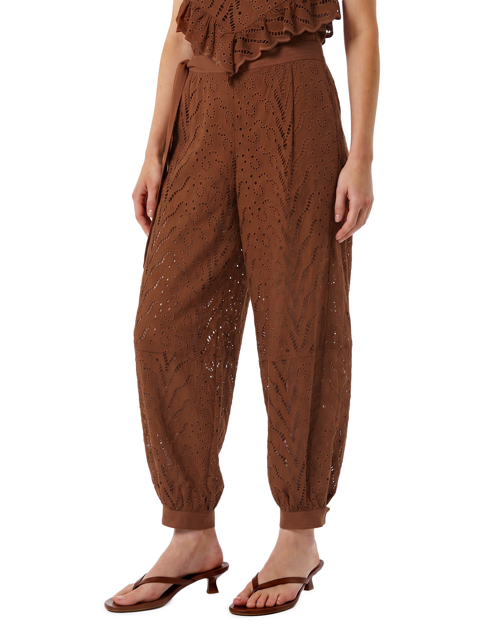 Calça Feminino Linho Bordado Marrom Open