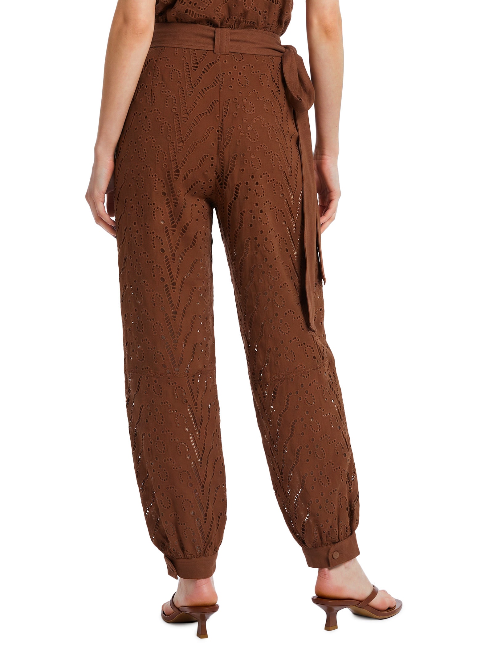 Calça Feminino Linho Bordado Marrom Open