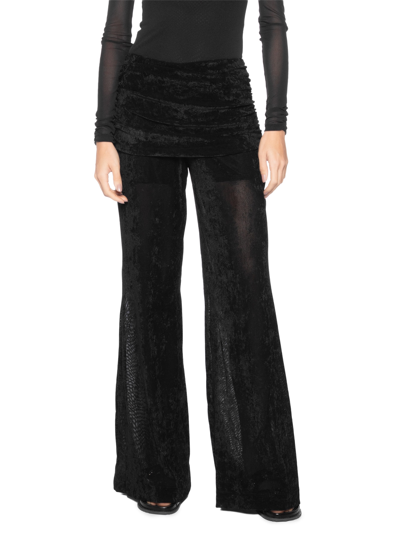 Calça Flare Pala Franzida Tule Veludo Preto Maria Filó