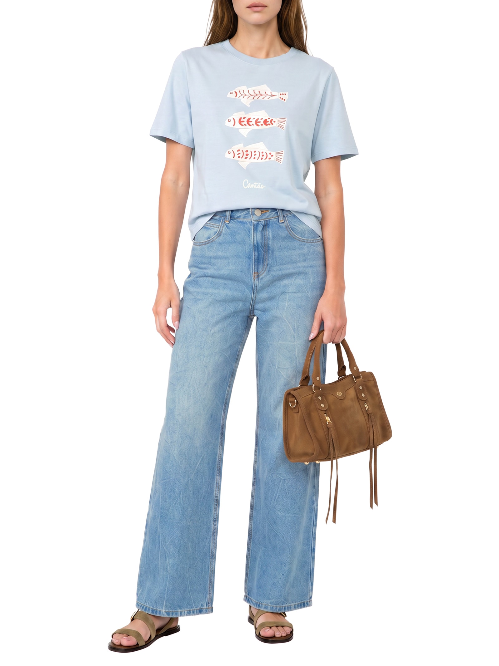 Calça Jeans Feminina A Wide Leg Espelho D'Água Azul Cantão