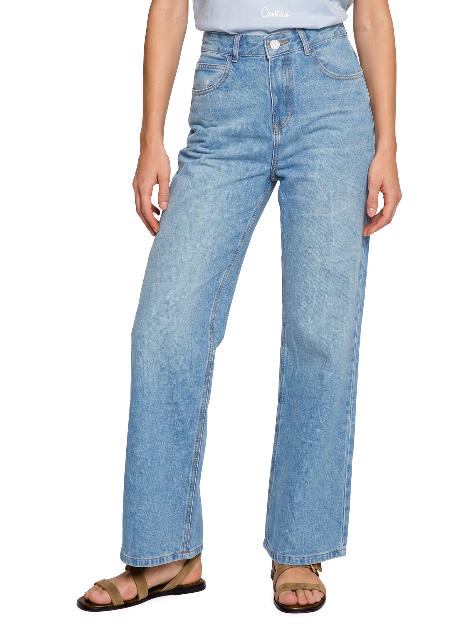 Calça Jeans Feminina A Wide Leg Espelho D'Água Azul Cantão