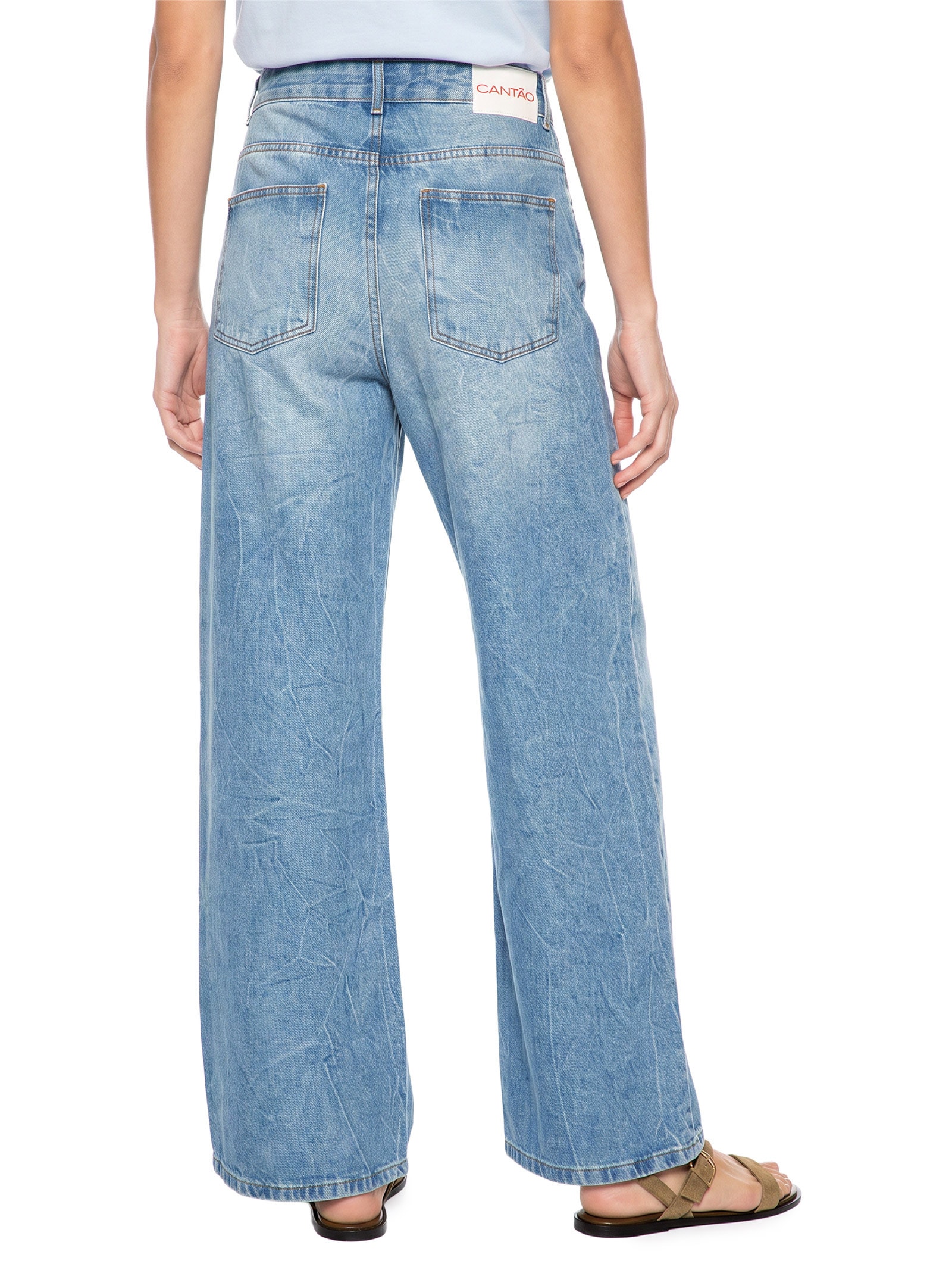 Calça Jeans Feminina A Wide Leg Espelho D'Água Azul Cantão