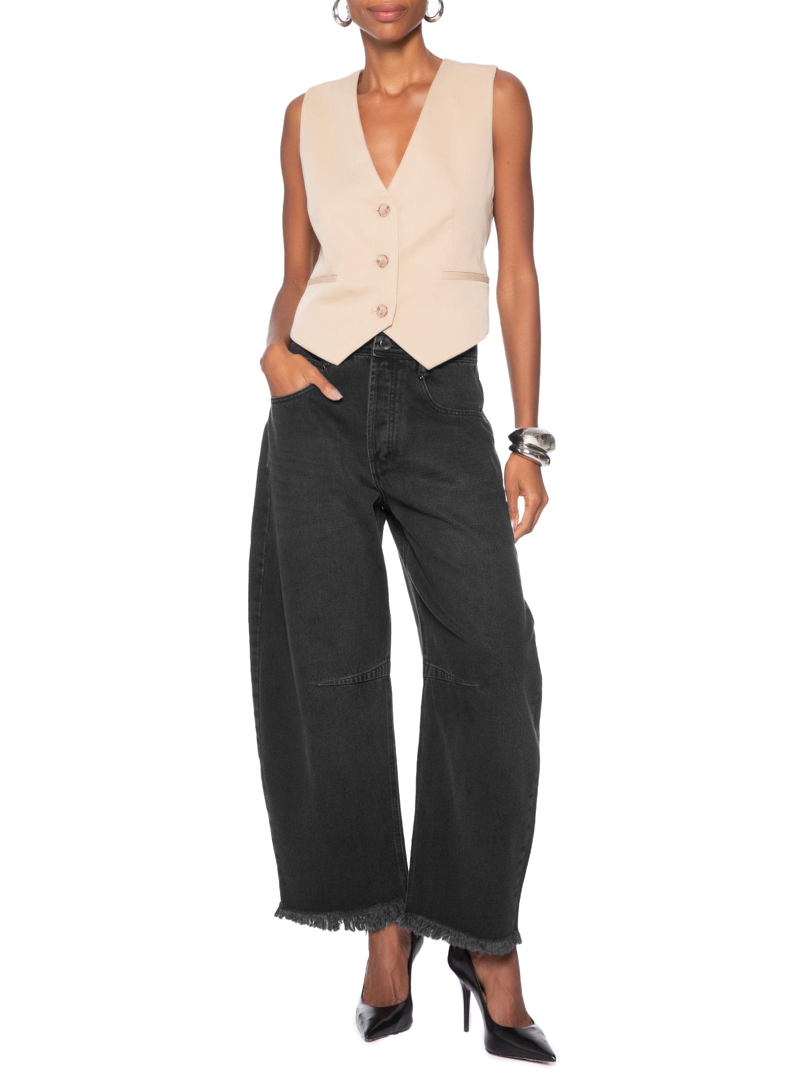 Calça Jeans Feminina Barrel Cintura Média Preto Animale