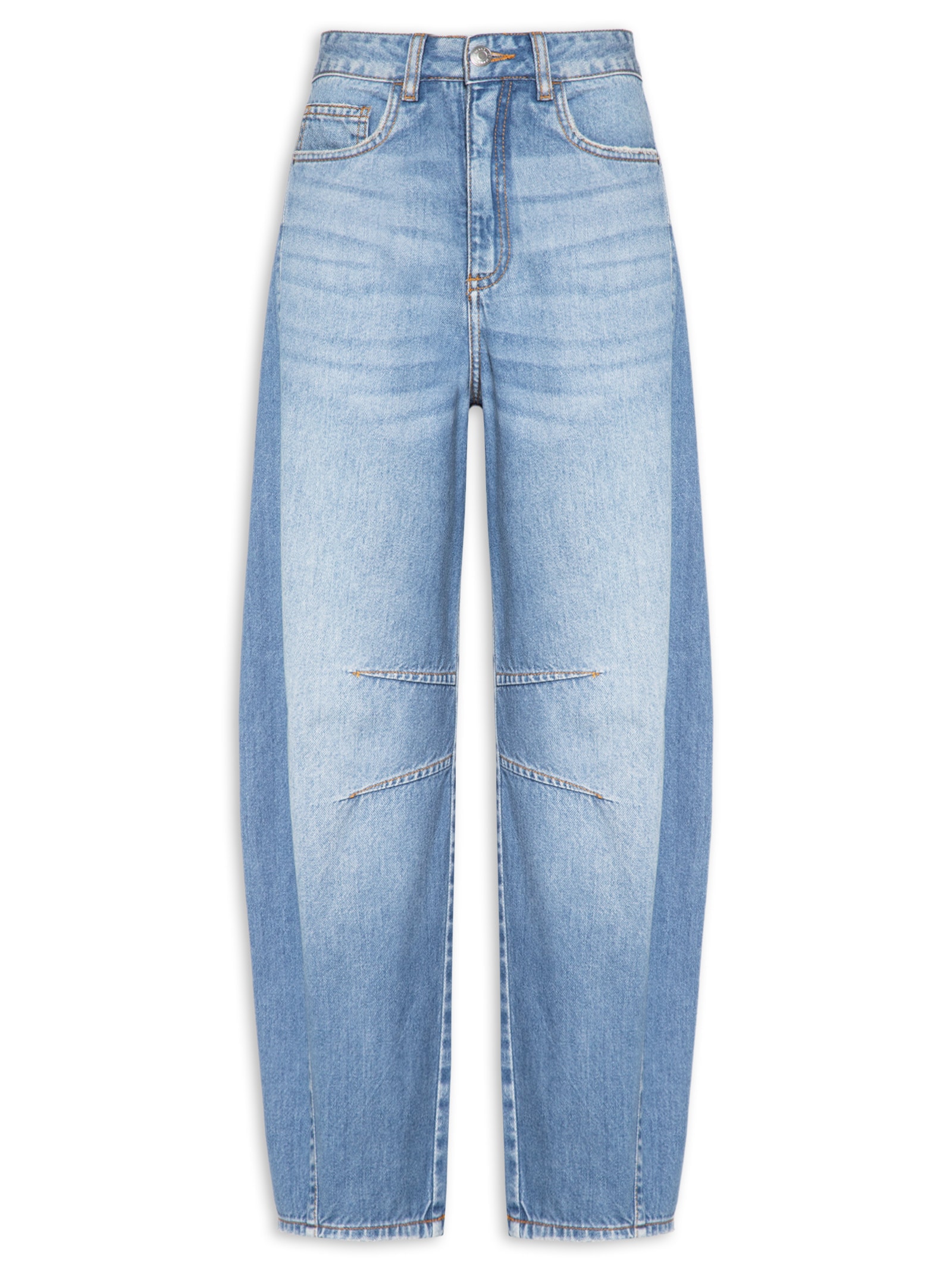 Calça Jeans Feminina Barrel Recorte Lateral Azul Maria Filó