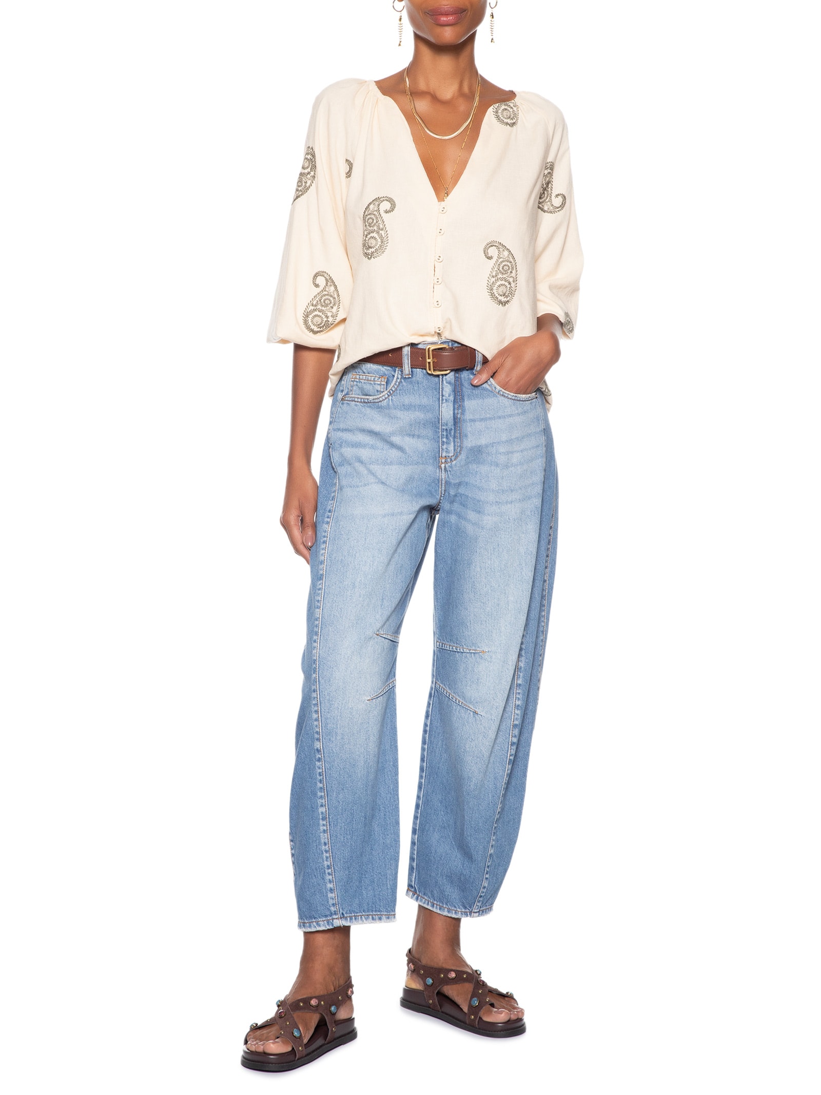 Calça Jeans Feminina Barrel Recorte Lateral Azul Maria Filó