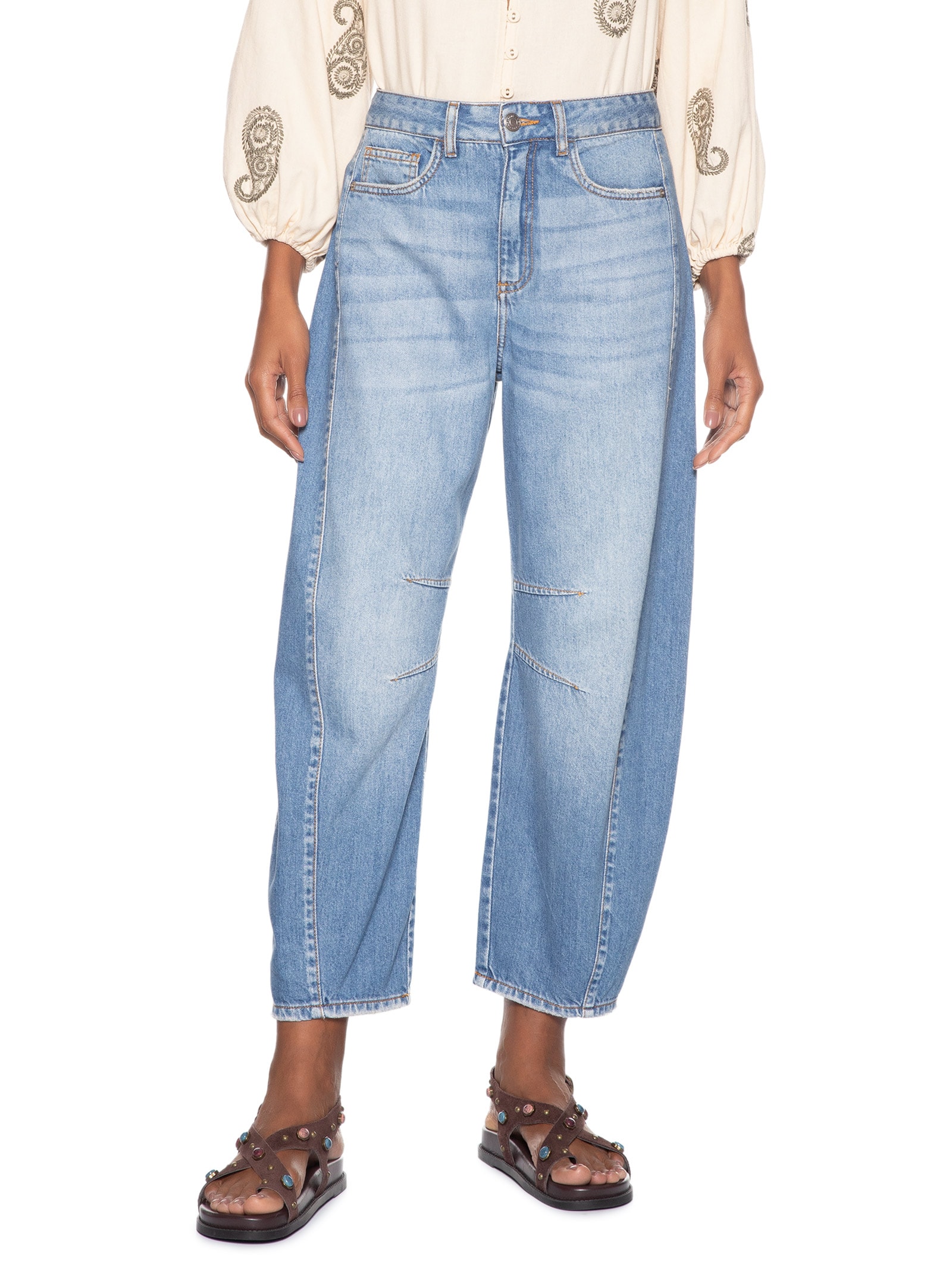 Calça Jeans Feminina Barrel Recorte Lateral Azul Maria Filó