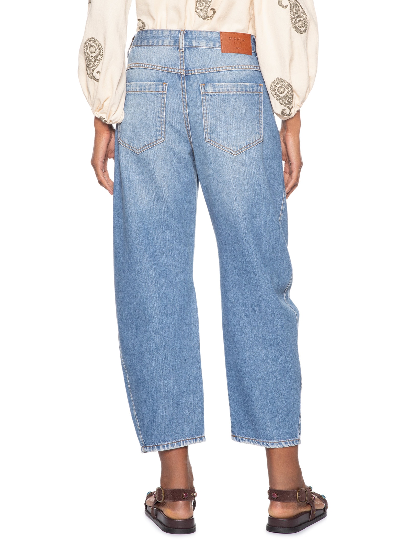 Calça Jeans Feminina Barrel Recorte Lateral Azul Maria Filó