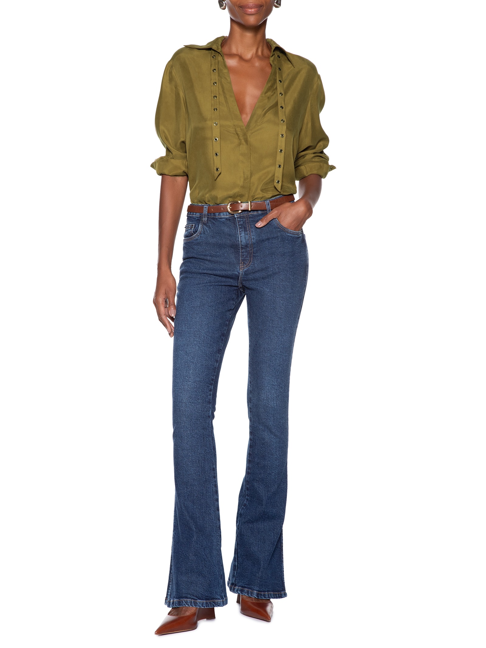 Calça Jeans Feminina  Boot Basic Midi Travetes Azul Animale