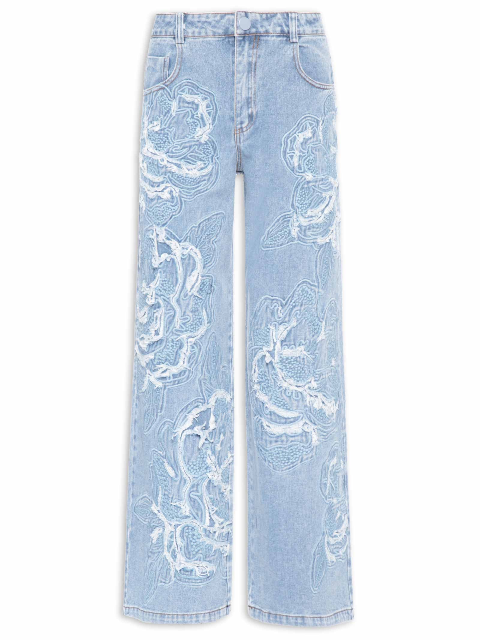 Calça Jeans Feminina Bordada Flor Azul Farm