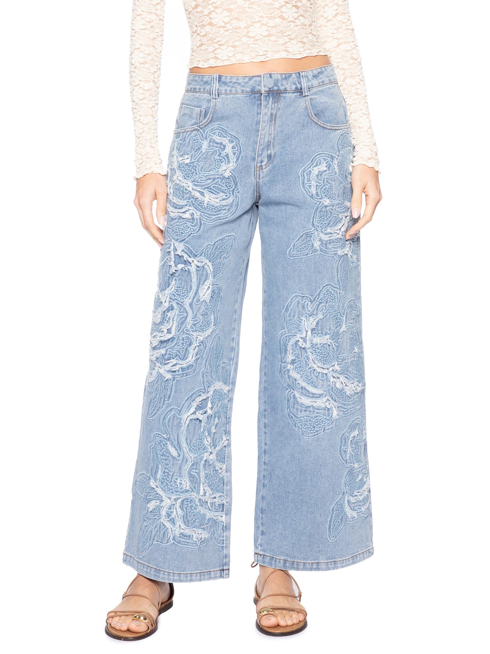 Calça Jeans Feminina Bordada Flor Azul Farm